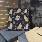 Outdoor Pillow - Charming cats and golden yarn playful design, cute kittens with paw prints, whimsical animal art for cat lovers, dark blue background, delightful pet themed illustration