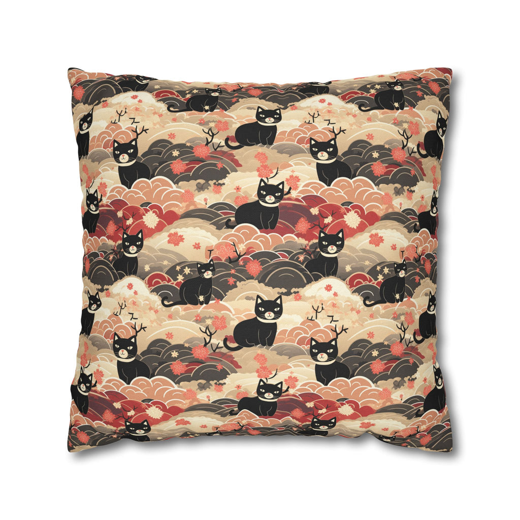 Square Pillowcase - A whimsical and enchanting Japanese-style pattern featuring cute black and orange cats nestled among vibrant orange blossoms and soft, cloudy backgrounds.