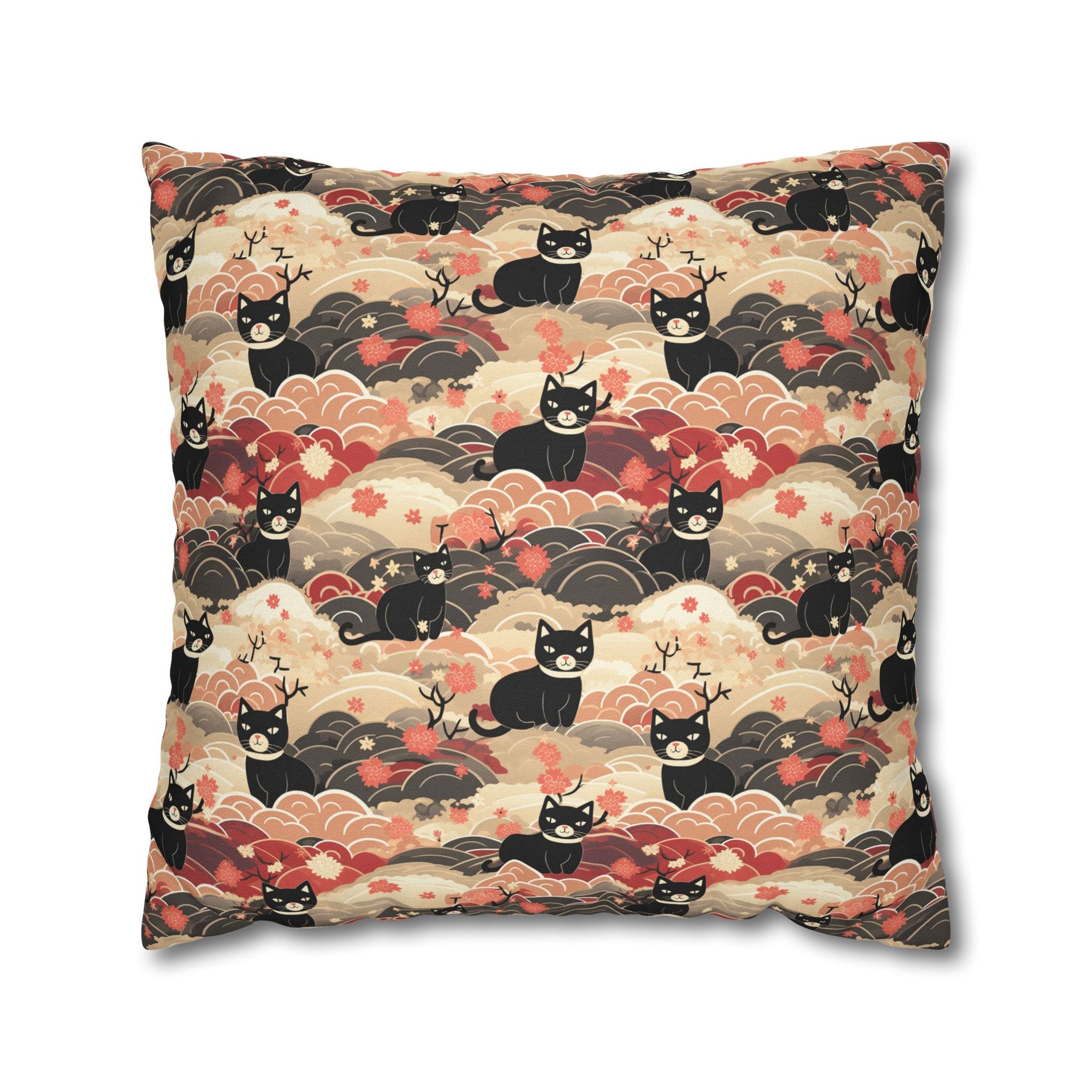 Square Pillowcase - A whimsical and enchanting Japanese-style pattern featuring cute black and orange cats nestled among vibrant orange blossoms and soft, cloudy backgrounds.