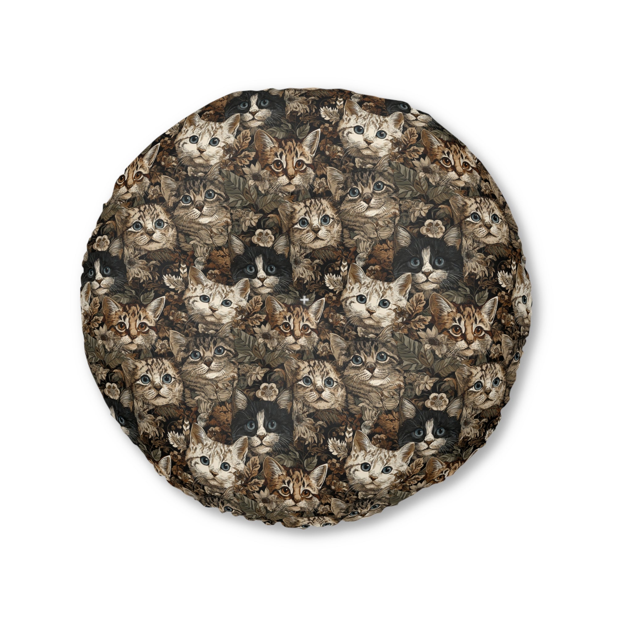 Indoor Round Floor Pillow - An intricate and detailed vintage illustration featuring a close-up of various fluffy cats with bright eyes amidst lush, ornate floral foliage in sepia tones.