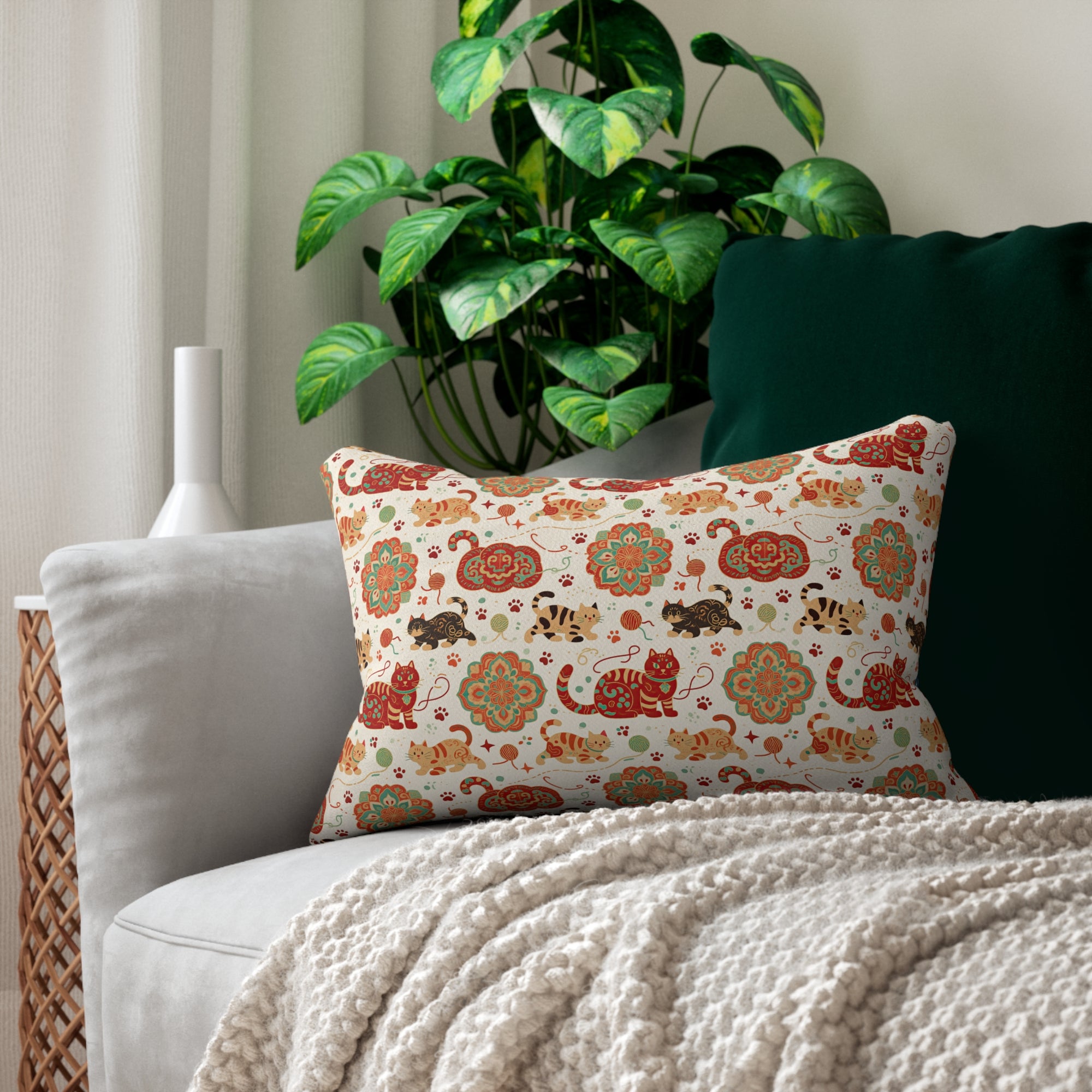 Indoor Lumbar Pillow - Vibrant boho chic cats and mandalas, colorful folk art style, playful felines with yarn and paw prints, artistic and bohemian cat design, cream background, unique animal print