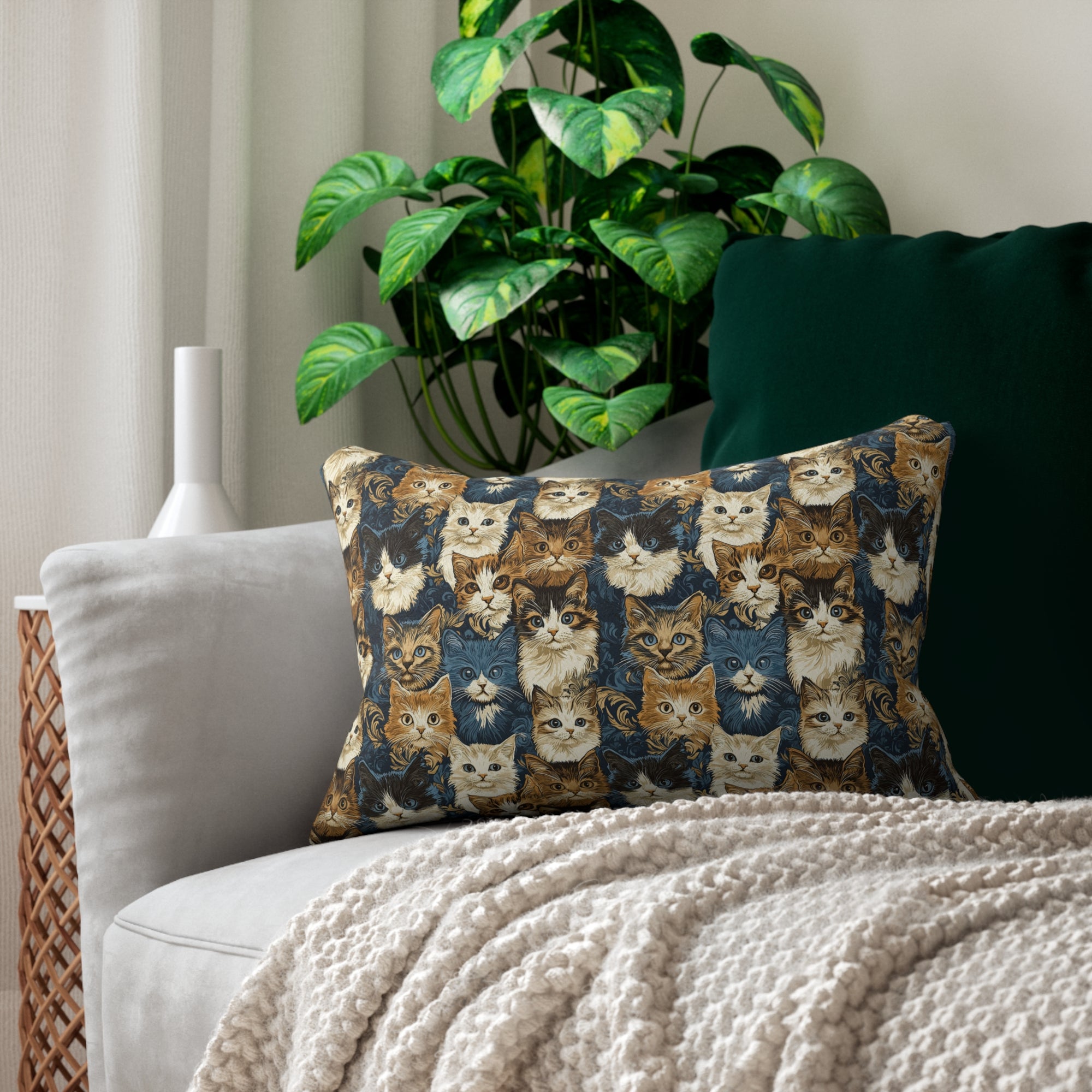 Indoor Lumbar Pillow - Blue Eyed Cats with Brown and White Fur on a Deep Blue Damask Background