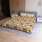 Duvet Cover - Colorful folk art patterned cats, vibrant orange and teal hues, playful felines with yarn and paw prints, bohemian animal illustration, cream background, artistic and cheerful design