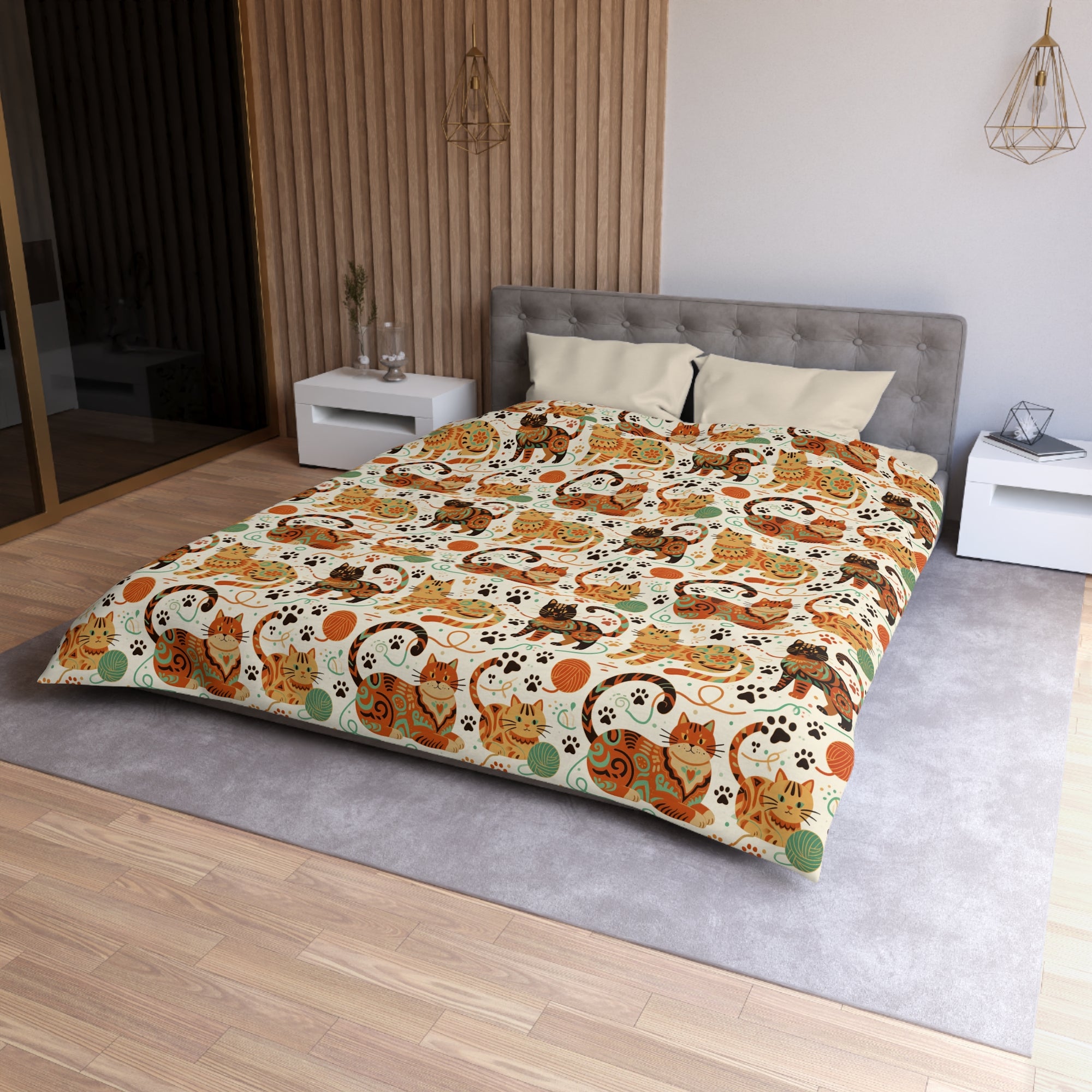 Duvet Cover - Colorful folk art patterned cats, vibrant orange and teal hues, playful felines with yarn and paw prints, bohemian animal illustration, cream background, artistic and cheerful design