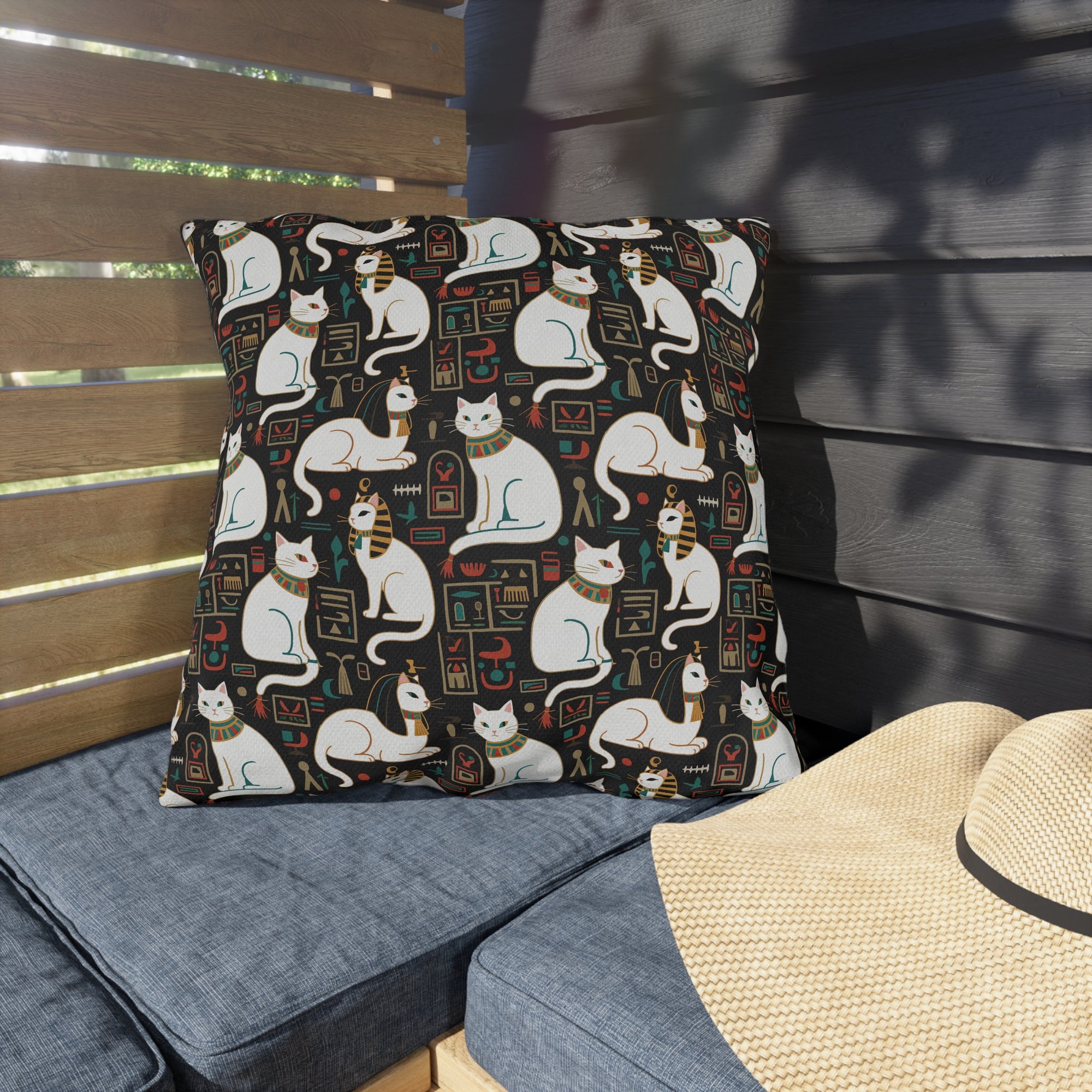 Outdoor Pillow - Regal White Egyptian Cats with Ornate Collars and Ancient Symbols Adorn this Historically Inspired and Mystical Pattern