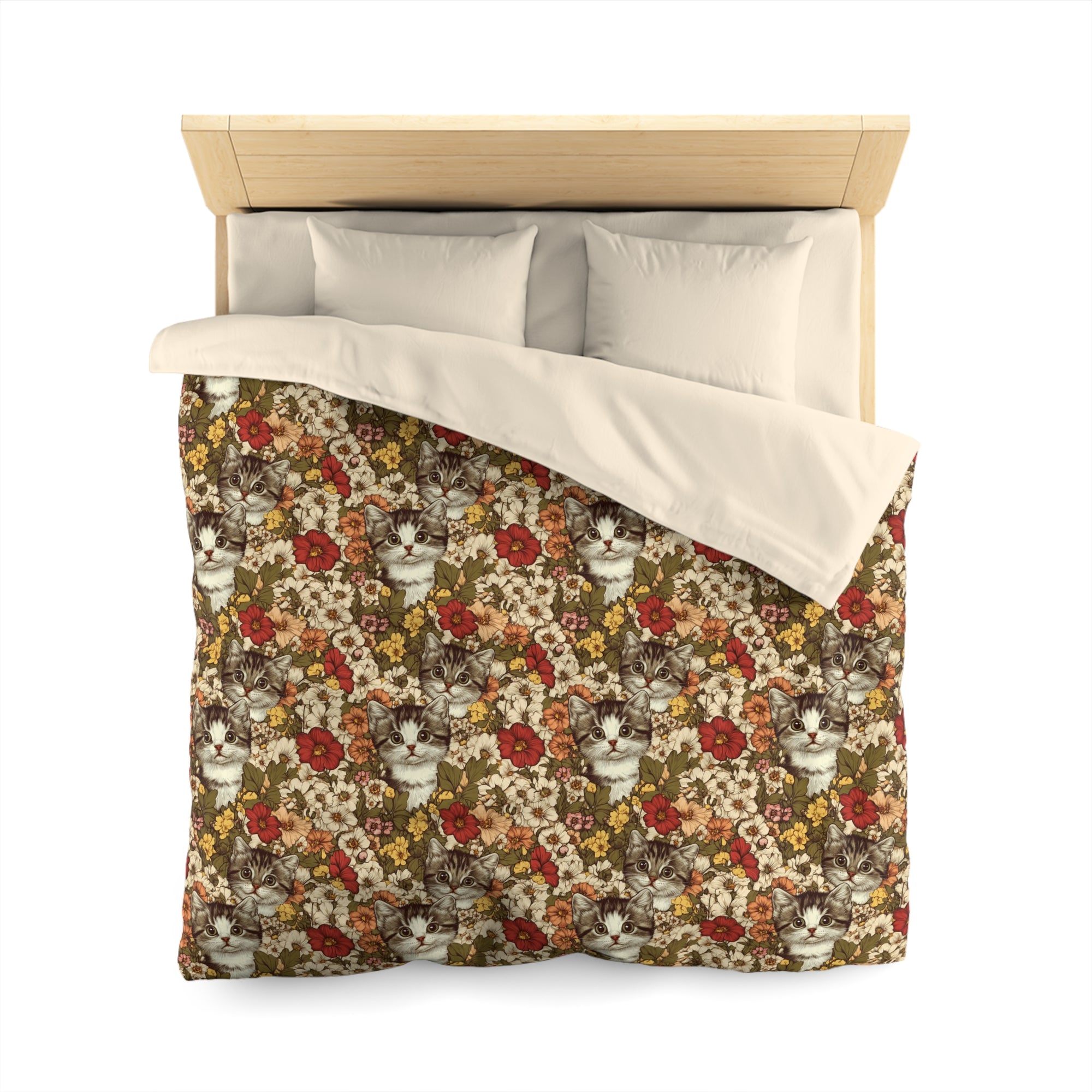 Duvet Cover - Grey Tabby Kittens in a Garden of Red, Peach, and Yellow Flowers, Soft Vintage Style