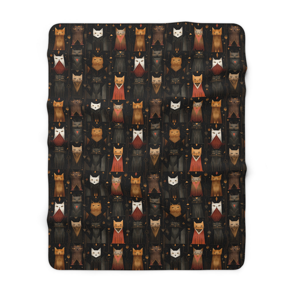 Sherpa Blanket - A striking and sophisticated Art Deco-style pattern of felines with bold, intricate lines and dramatic geometric shapes, all rendered in a unique gold and gray color palette.