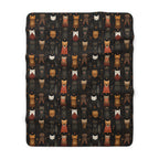Sherpa Blanket - A striking and sophisticated Art Deco-style pattern of felines with bold, intricate lines and dramatic geometric shapes, all rendered in a unique gold and gray color palette.