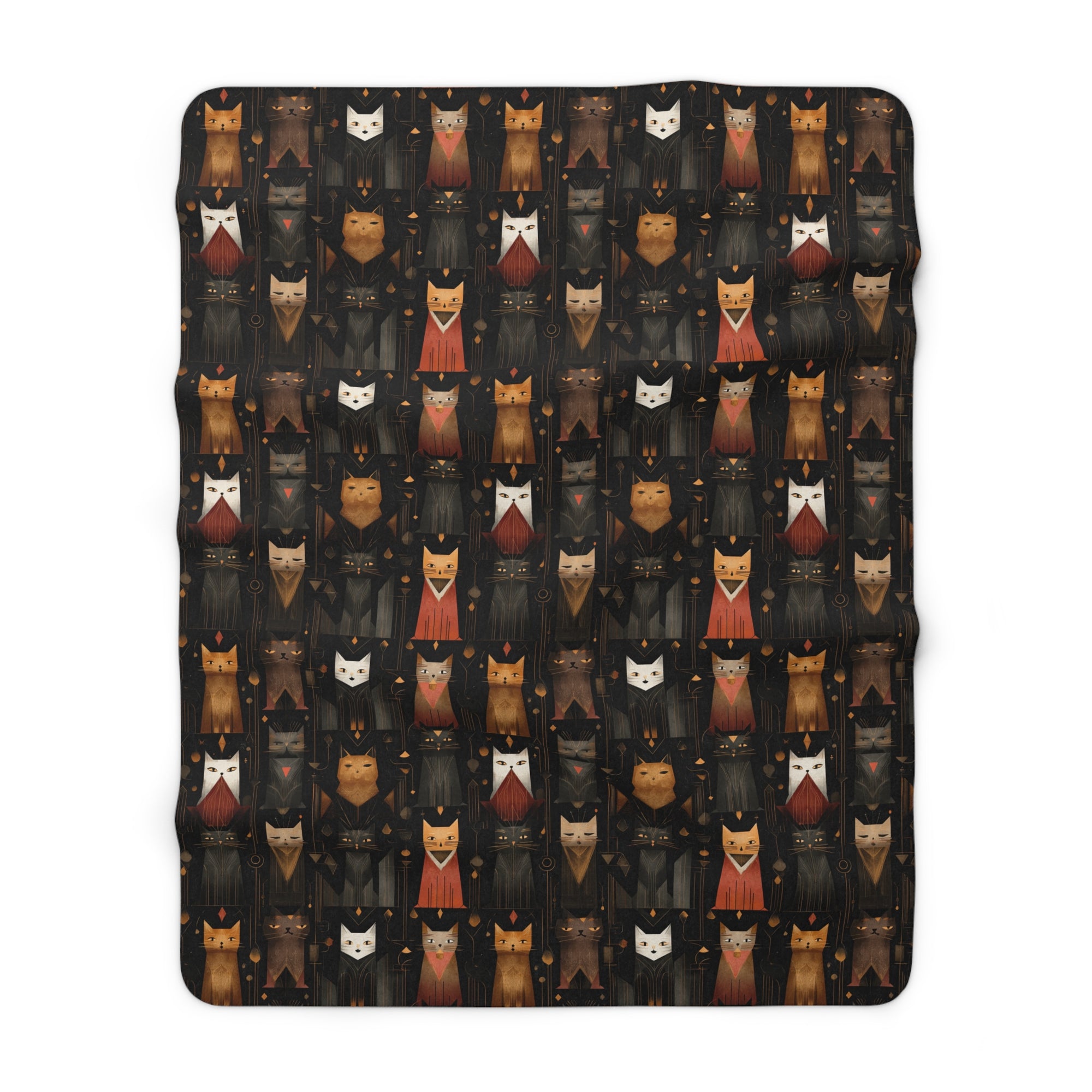 Sherpa Blanket - A striking and sophisticated Art Deco-style pattern of felines with bold, intricate lines and dramatic geometric shapes, all rendered in a unique gold and gray color palette.