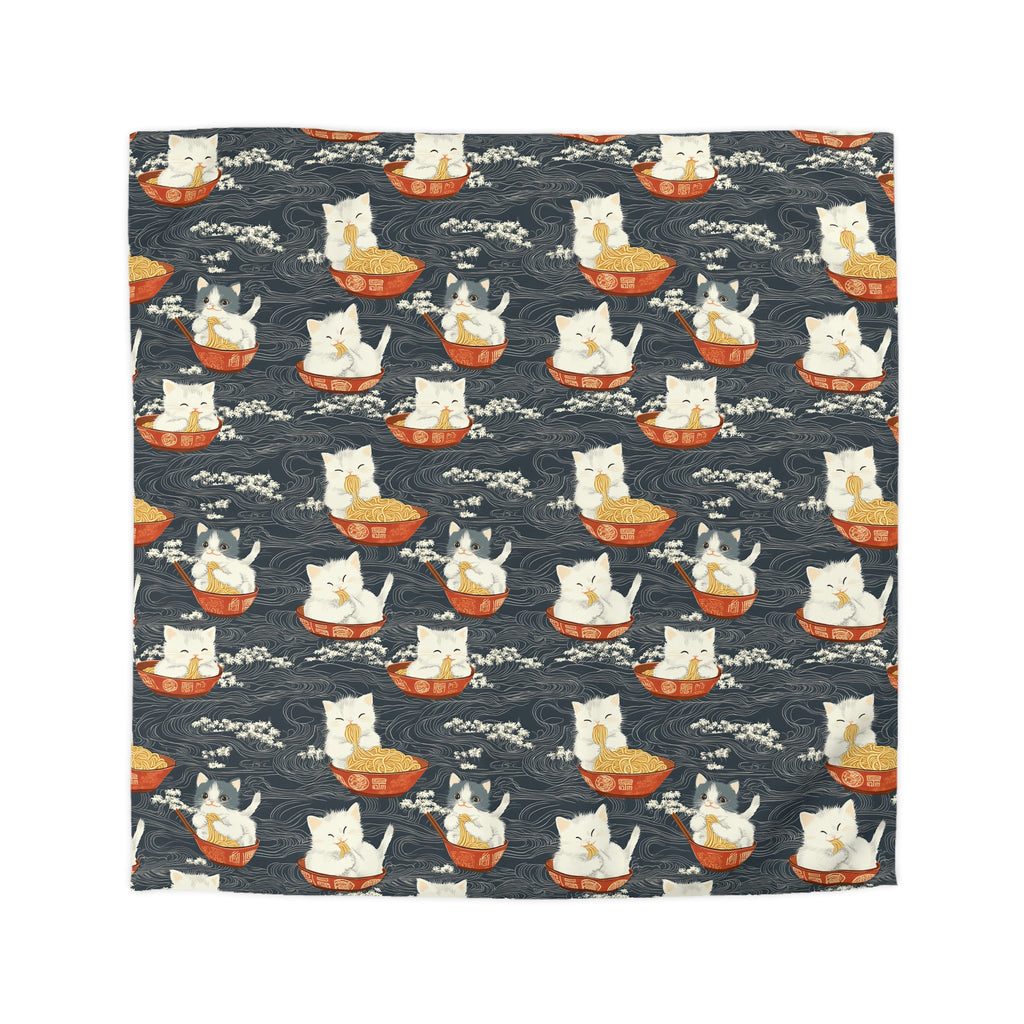 Duvet Cover - An adorable and cute pattern of baby cats happily eating steaming ramen noodles from traditional red and white bowls with beautiful white floral elements surrounding them.