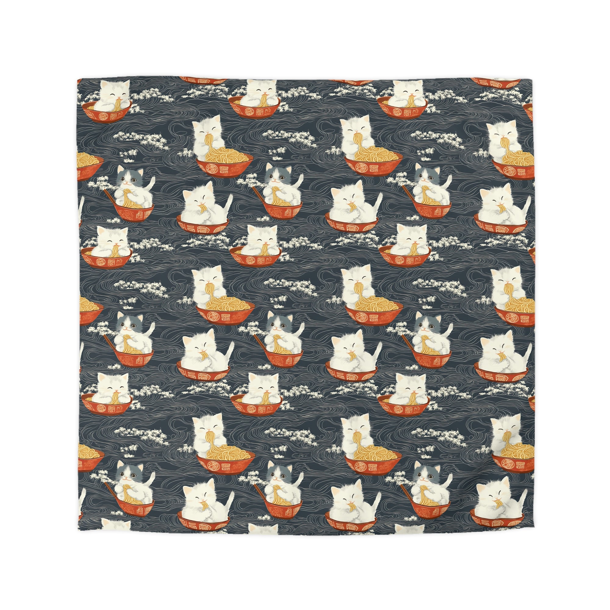 Duvet Cover - An adorable and cute pattern of baby cats happily eating steaming ramen noodles from traditional red and white bowls with beautiful white floral elements surrounding them.