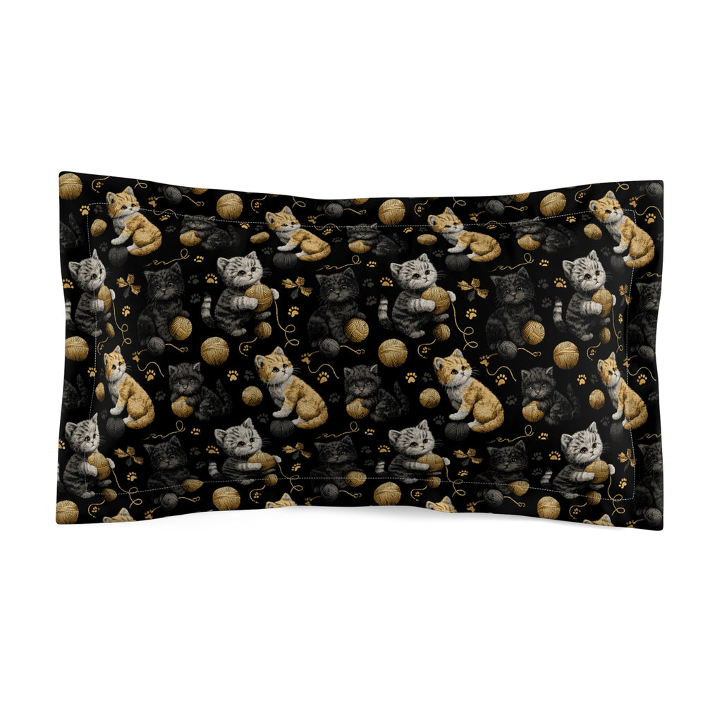 Pillow Sham - Assorted Cute Kittens with Colorful Yarn Balls and Paw Prints on a Black Backdrop