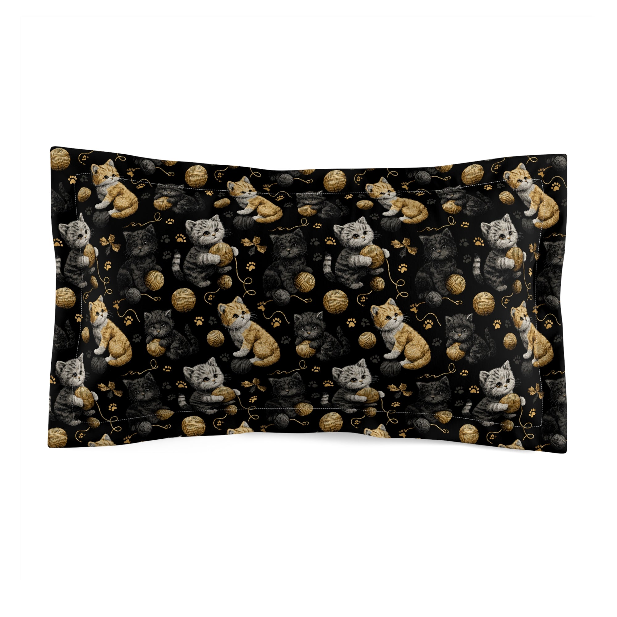 Pillow Sham - Assorted Cute Kittens with Colorful Yarn Balls and Paw Prints on a Black Backdrop