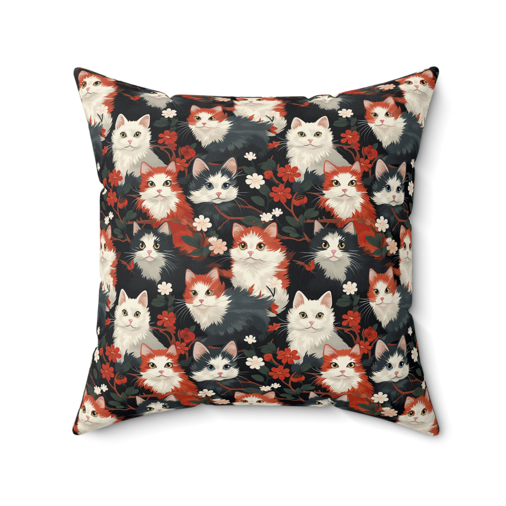 Indoor Square Pillow - A detailed and ornate Victorian-style pattern featuring a tight grouping of fluffy cats of various colors surrounded by black and red flowers and leaves.