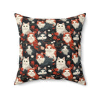 Indoor Square Pillow - A detailed and ornate Victorian-style pattern featuring a tight grouping of fluffy cats of various colors surrounded by black and red flowers and leaves.
