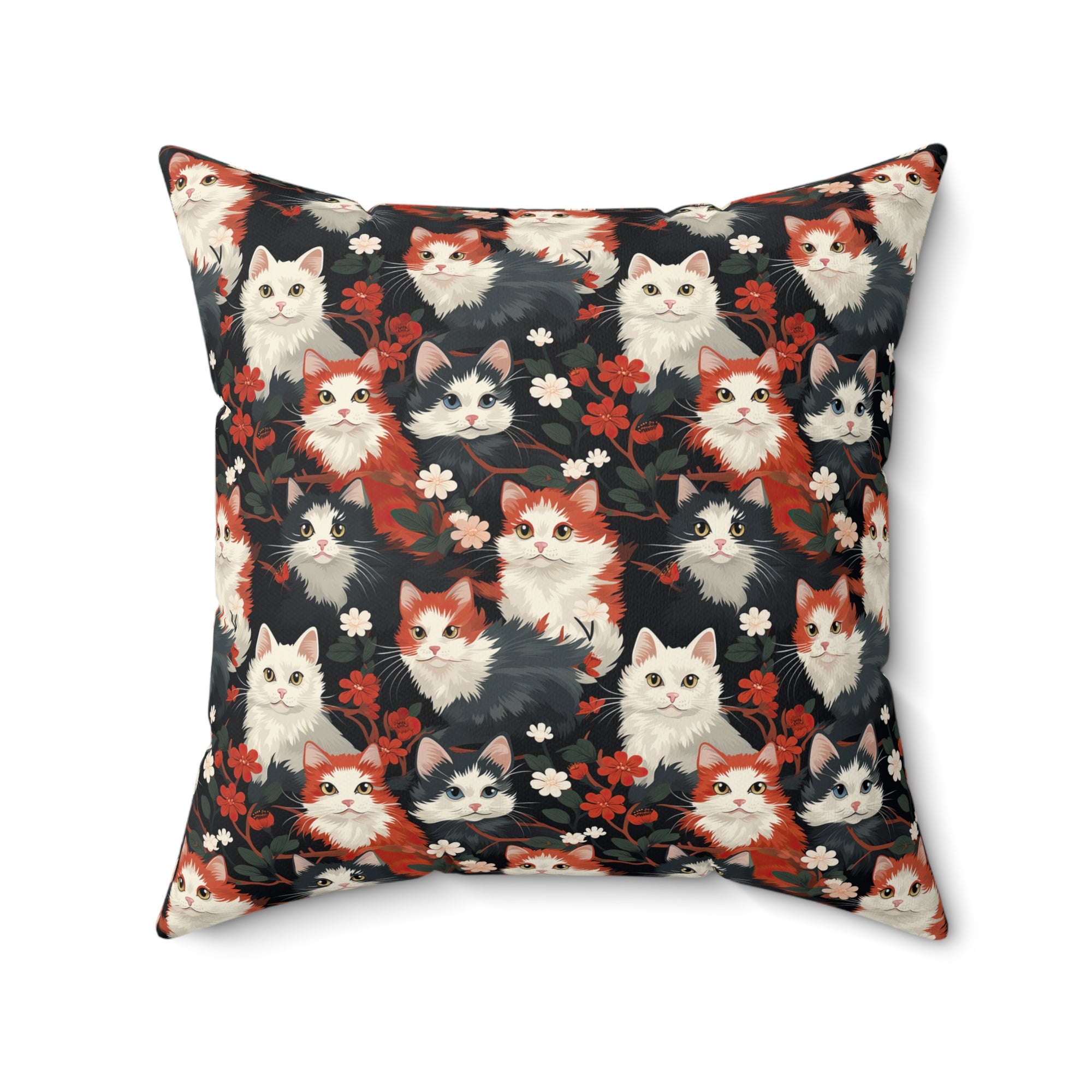 Indoor Square Pillow - A detailed and ornate Victorian-style pattern featuring a tight grouping of fluffy cats of various colors surrounded by black and red flowers and leaves.