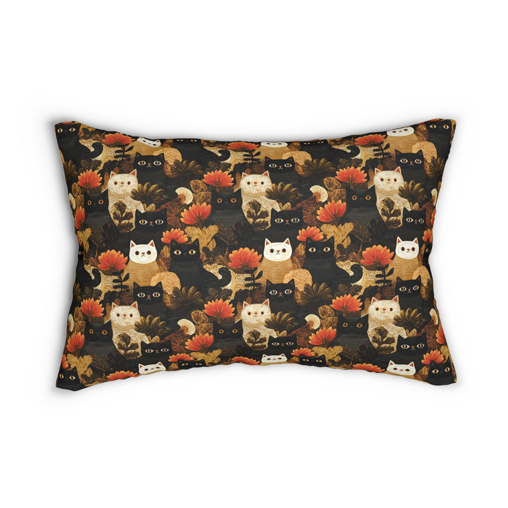 Indoor Lumbar Pillow - A dark and fantastical illustrative painting of many different cats and plants, creating a dense, mysterious, and golden jungle or forest scene.