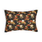 Indoor Lumbar Pillow - A dark and fantastical illustrative painting of many different cats and plants, creating a dense, mysterious, and golden jungle or forest scene.