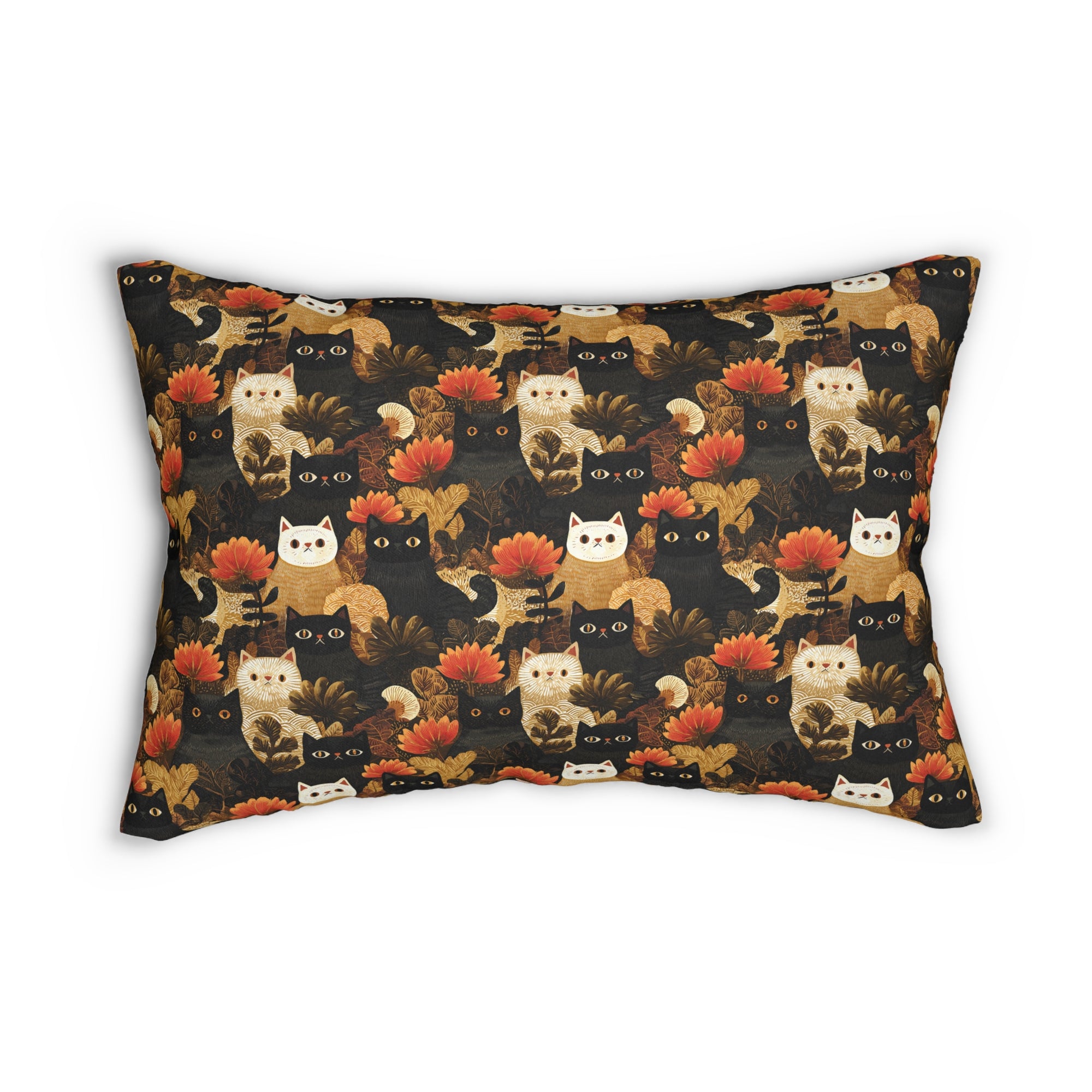 Indoor Lumbar Pillow - A dark and fantastical illustrative painting of many different cats and plants, creating a dense, mysterious, and golden jungle or forest scene.