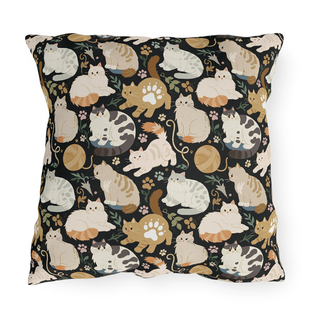 Outdoor Pillow - Diverse cats and kittens in a dark garden, various breeds and colors, soft natural tones with foliage and paw prints, charming animal illustration, dark background, gentle pet themed art