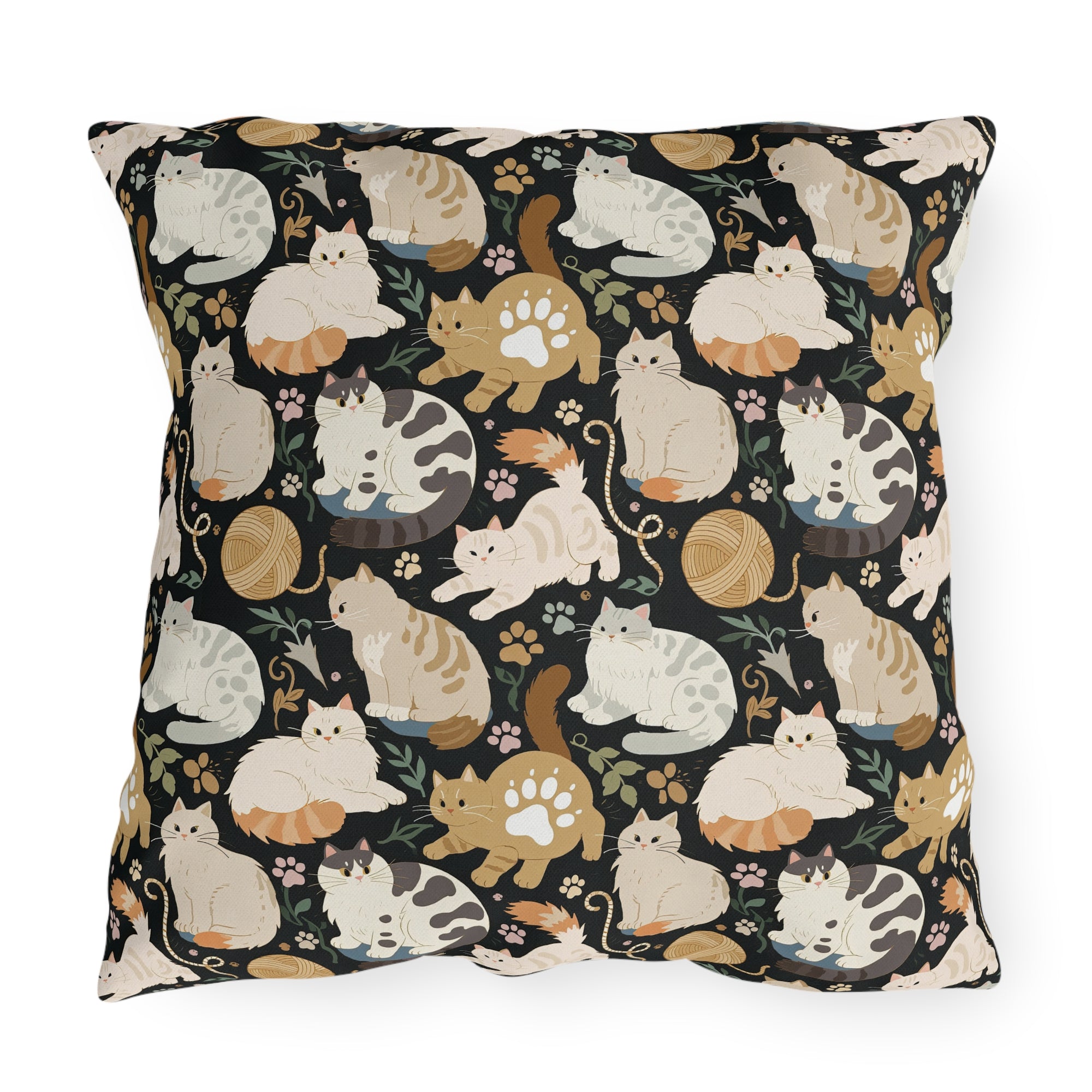 Outdoor Pillow - Diverse cats and kittens in a dark garden, various breeds and colors, soft natural tones with foliage and paw prints, charming animal illustration, dark background, gentle pet themed art