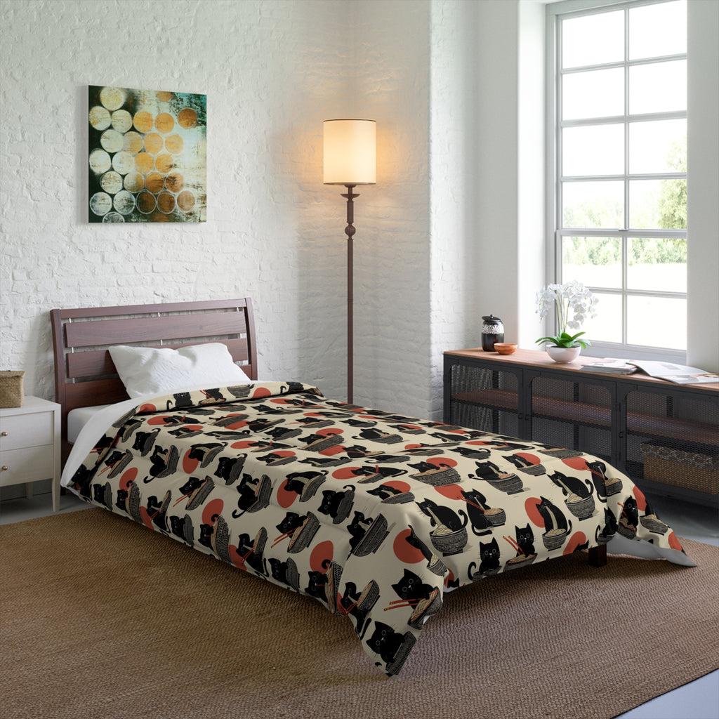 Comforter - A whimsical and delightful hand-drawn style pattern of adorable black cats eating bowls of delicious ramen noodles with a large red sun in the background.