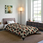 Comforter - A whimsical and delightful hand-drawn style pattern of adorable black cats eating bowls of delicious ramen noodles with a large red sun in the background.