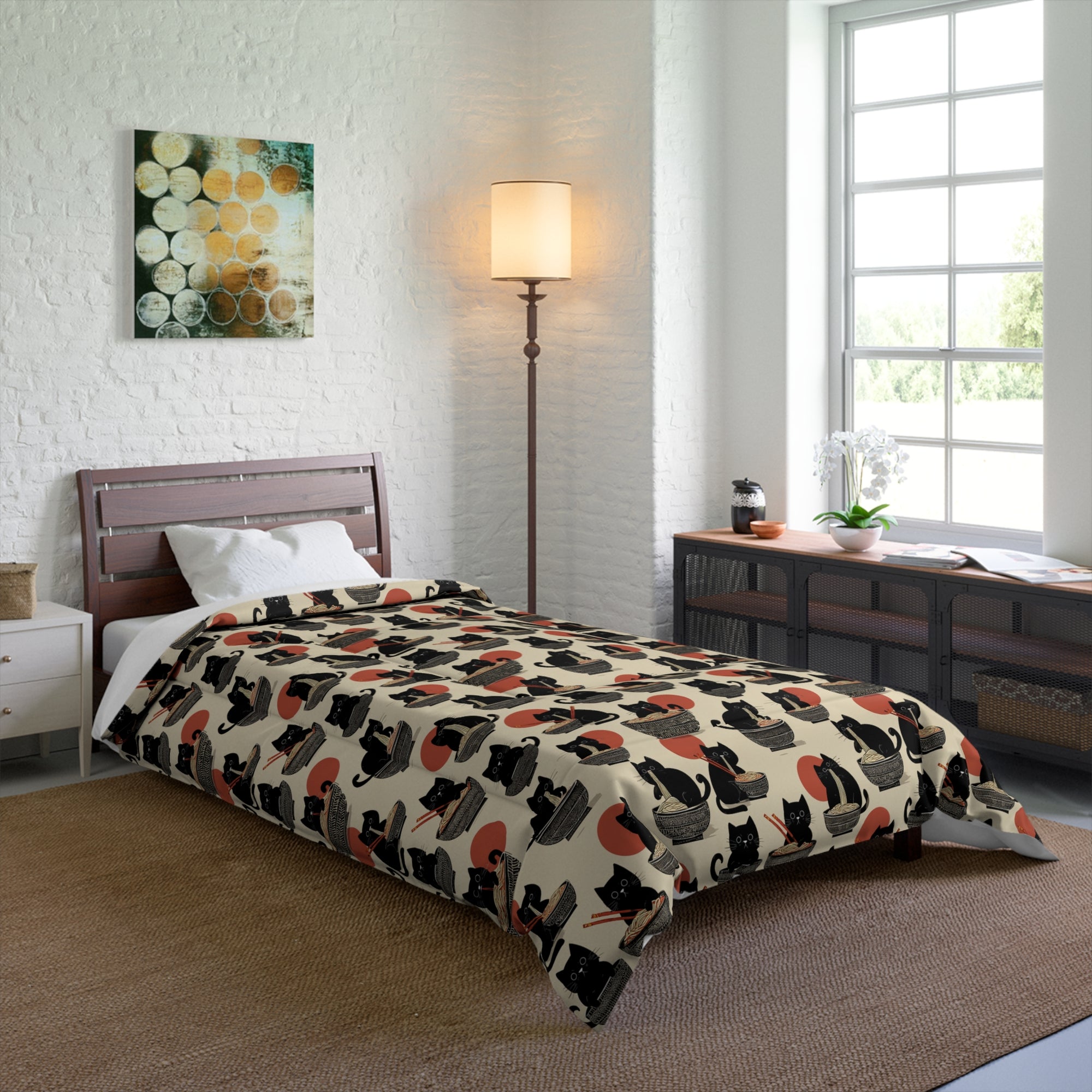 Comforter - A whimsical and delightful hand-drawn style pattern of adorable black cats eating bowls of delicious ramen noodles with a large red sun in the background.