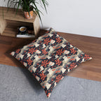 Indoor Square Floor Pillow - A charming, minimalist, Japanese-style illustration of cute white cats sitting amongst vibrant red and white flowers on a dark background.