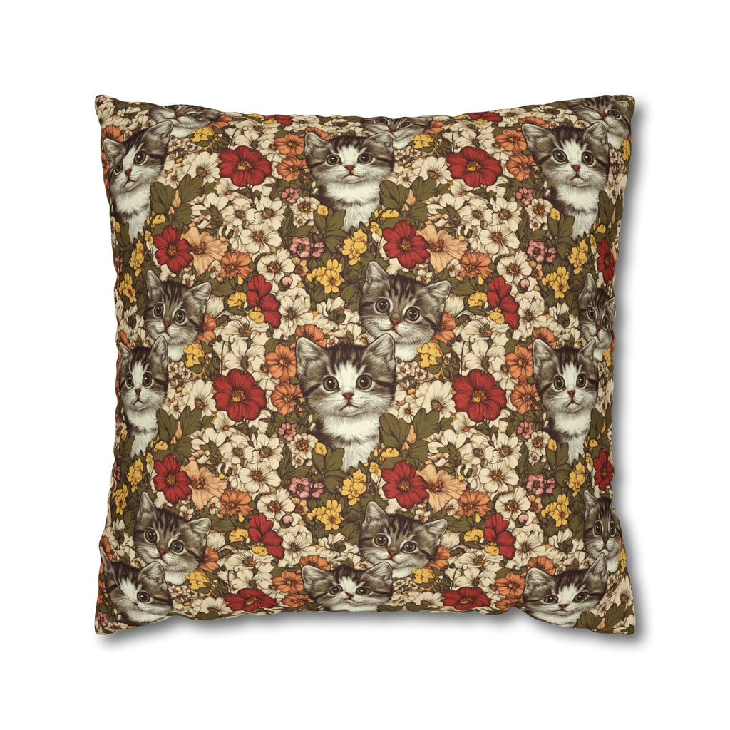 Square Pillowcase - Grey Tabby Kittens in a Garden of Red, Peach, and Yellow Flowers, Soft Vintage Style