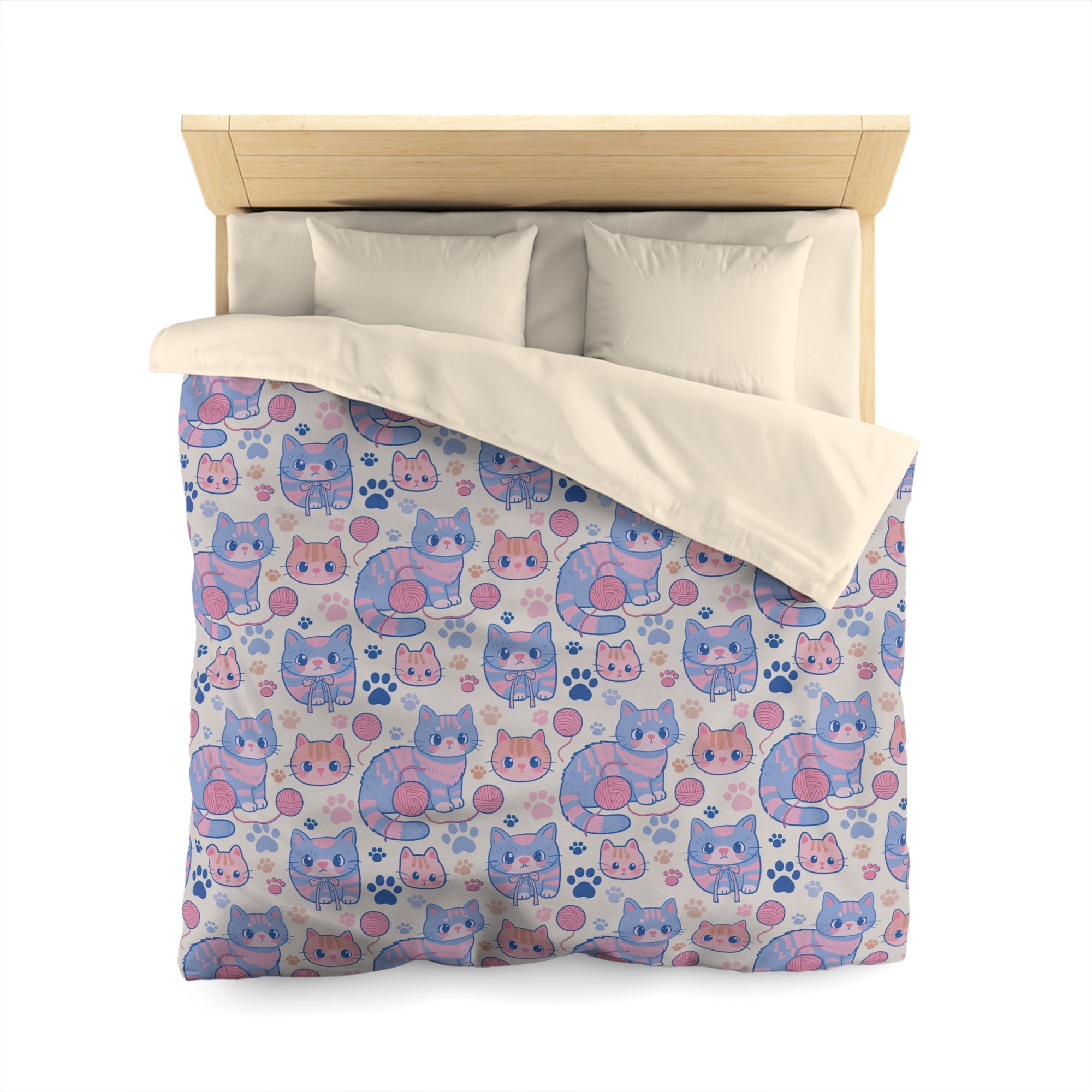 Duvet Cover - Sweet pastel blue and pink cartoon cats, cute kawaii style kittens with yarn and paw prints, charming and playful animal design, light cream background, delightful pet pattern