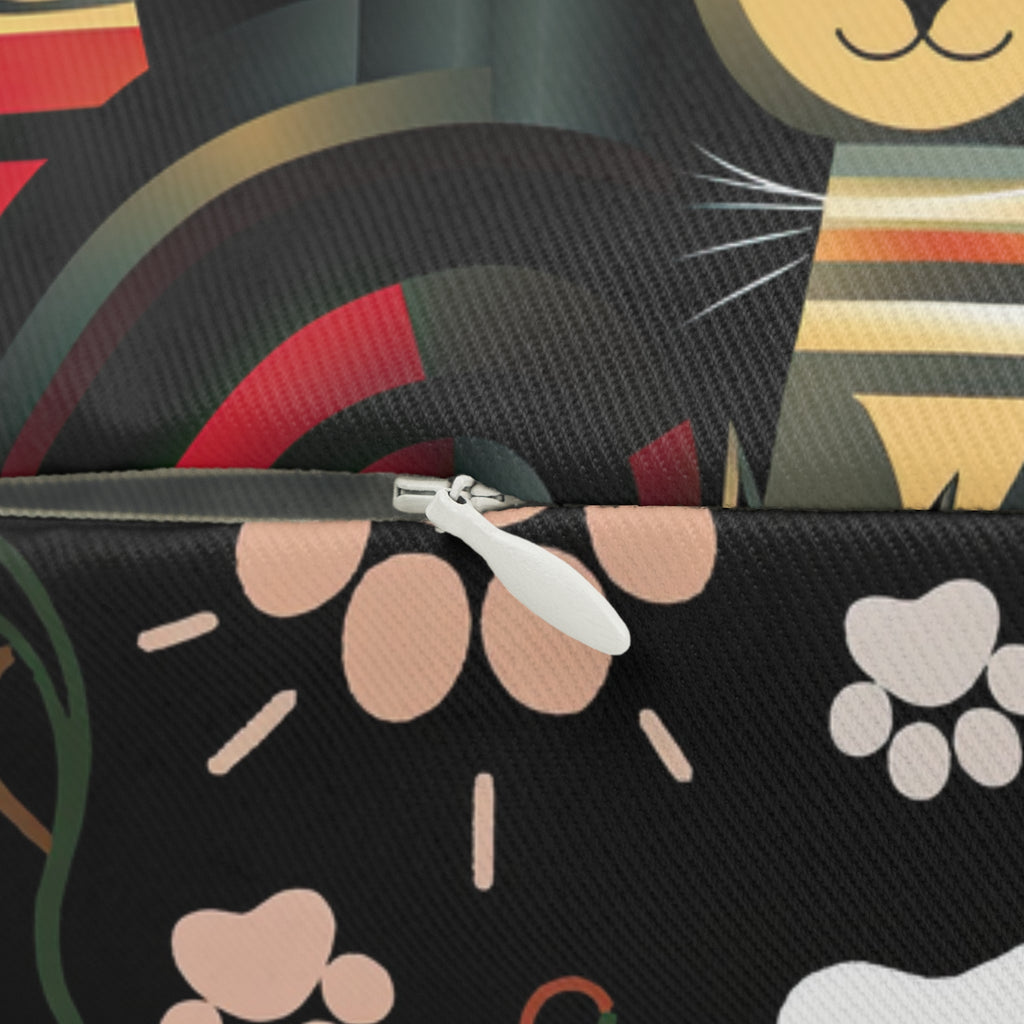 Indoor Lumbar Pillow - A bold and striking Art Deco pattern showcasing stylized feline portraits with sharp, gold lines and geometric shapes set against a dark, dramatic background.
