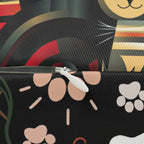 Indoor Lumbar Pillow - A bold and striking Art Deco pattern showcasing stylized feline portraits with sharp, gold lines and geometric shapes set against a dark, dramatic background.
