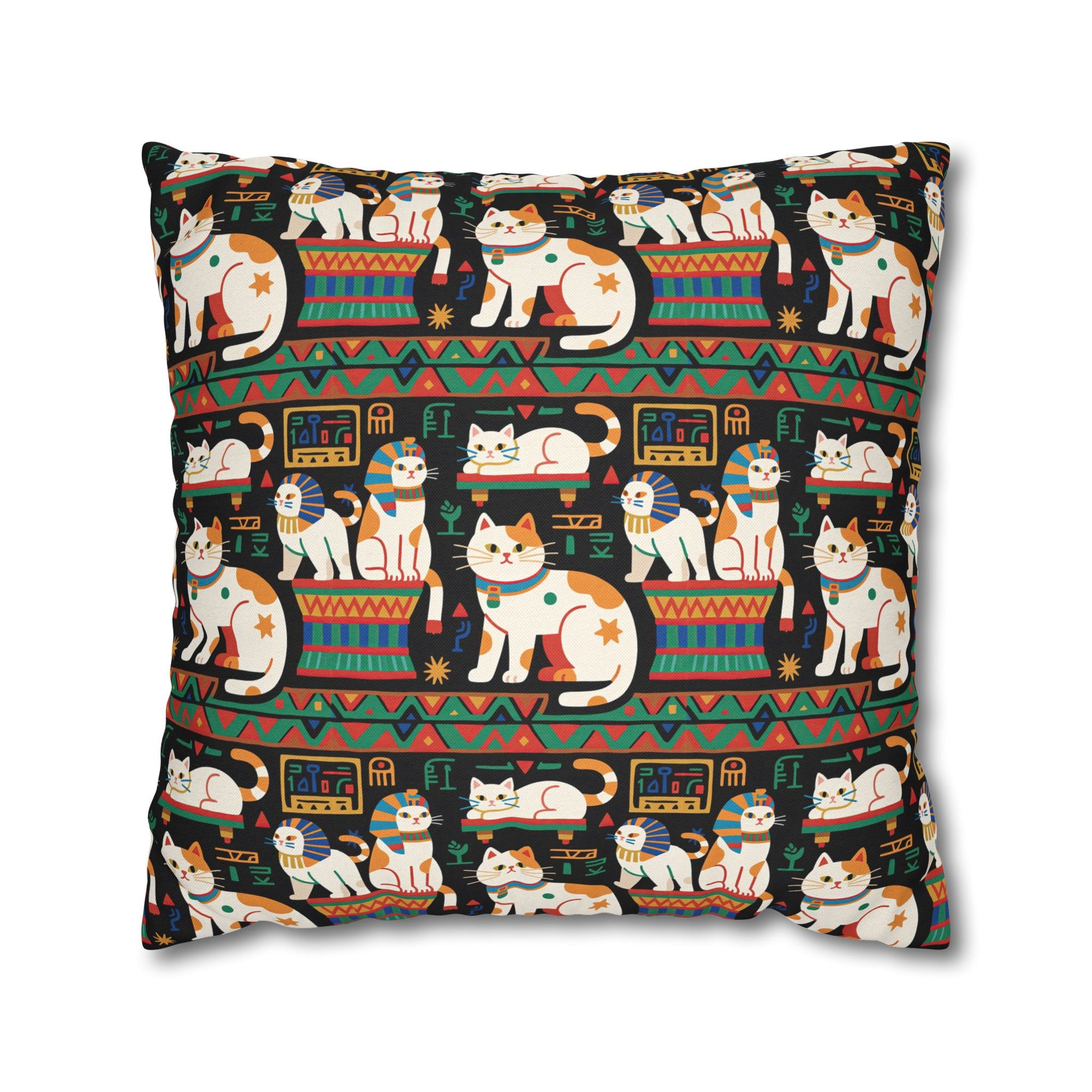 Square Pillowcase - Ancient Egyptian Felines with Hieroglyphs and Colorful Borders Adorn this Playful and Culturally Rich Cat Pattern