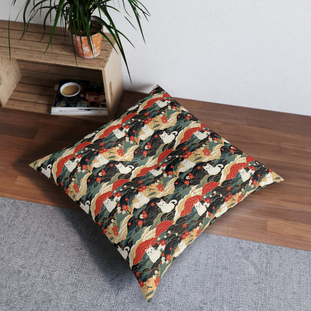 Indoor Square Floor Pillow - A beautiful, Japanese-inspired illustration of tranquil white cats resting on rolling clouds with vibrant red and white cherry blossoms.