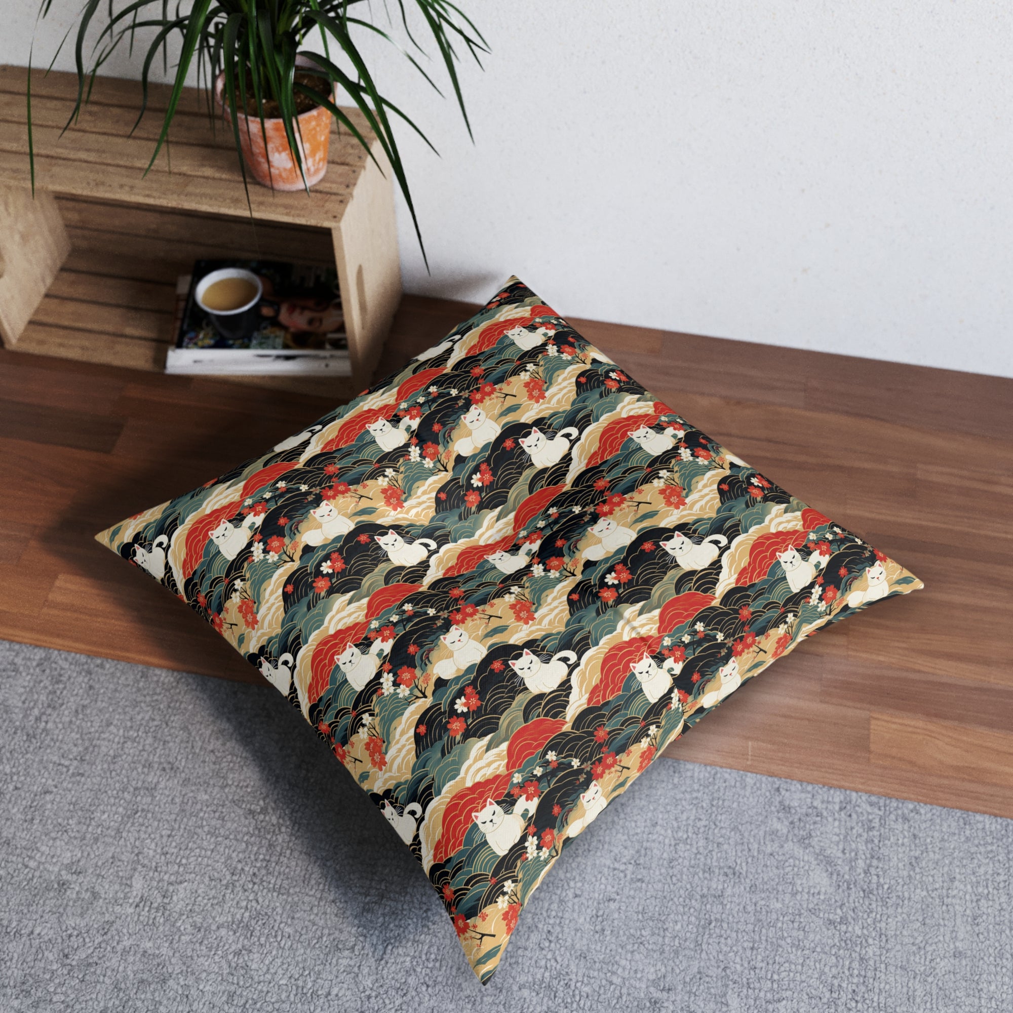 Indoor Square Floor Pillow - A beautiful, Japanese-inspired illustration of tranquil white cats resting on rolling clouds with vibrant red and white cherry blossoms.