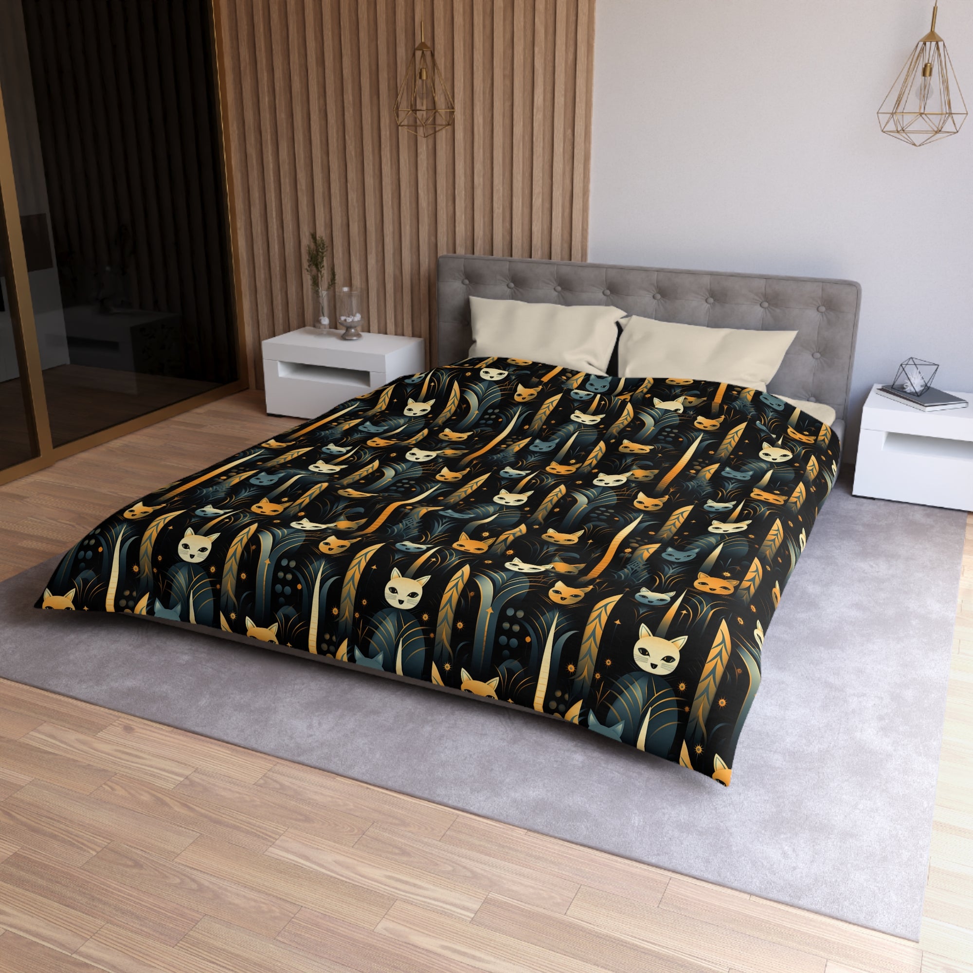 Duvet Cover - A sleek and stylish Art Deco-inspired pattern depicting a serene nocturnal landscape with streamlined cat silhouettes and radiating golden light among abstract plants.