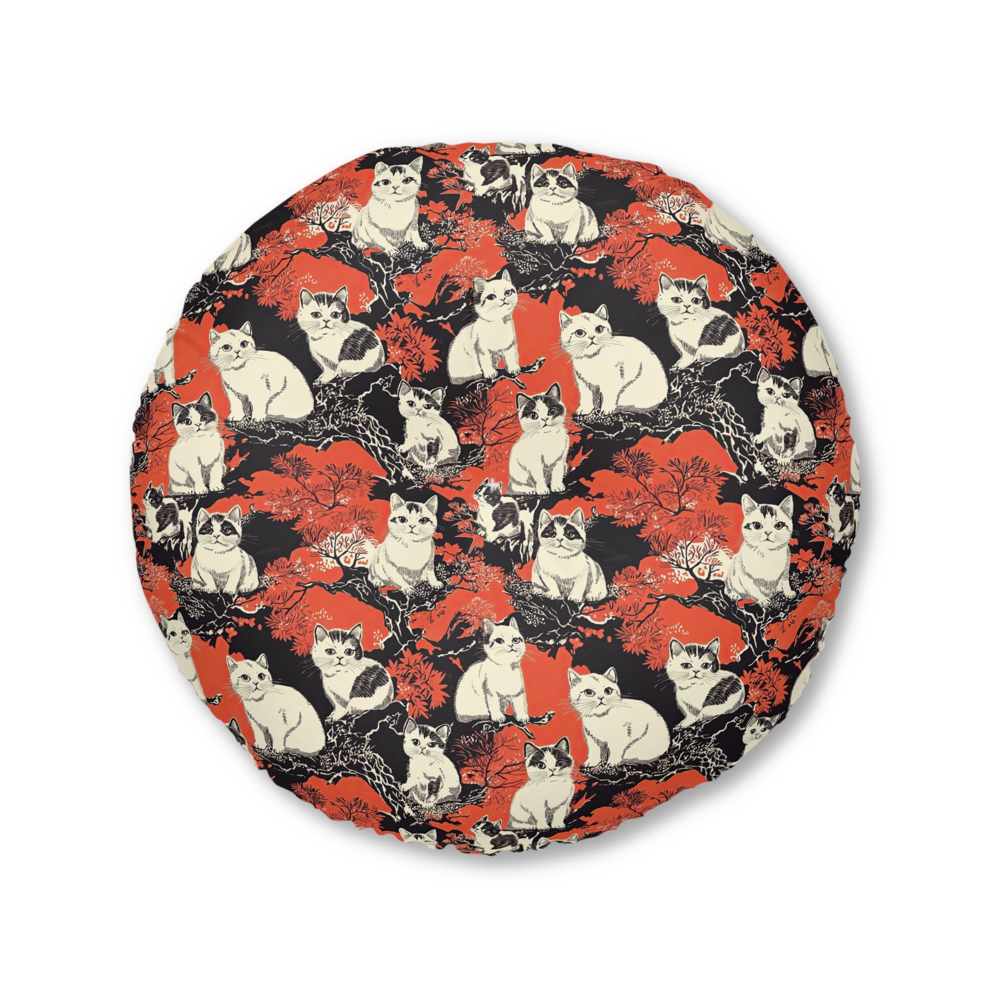 Indoor Round Floor Pillow - A striking black-and-white illustration with red accents of charming cats perched on the branches of trees in a beautiful Japanese woodblock print style.
