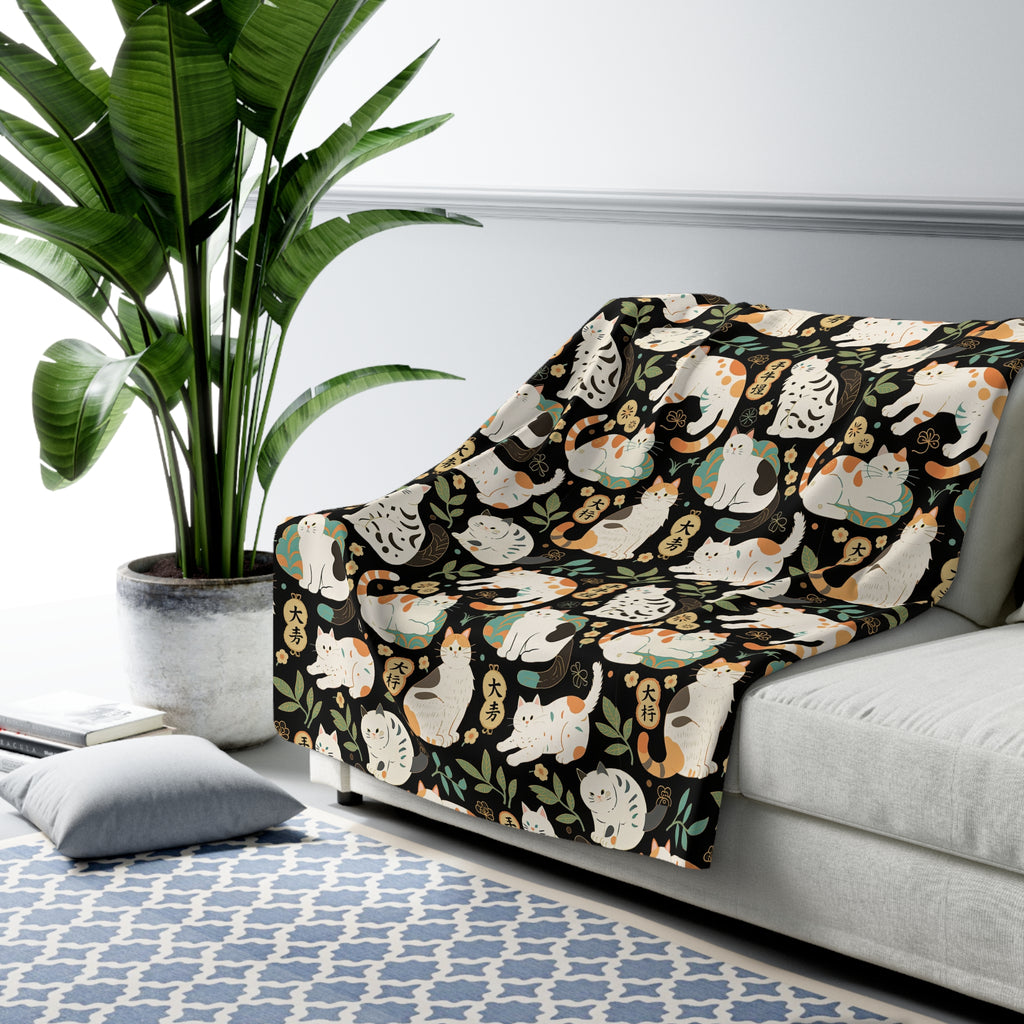 Sherpa Blanket - Traditional Japanese Maneki-Neko Cats and Auspicious Symbols Grace a Dark Background in this Fortunate Pattern