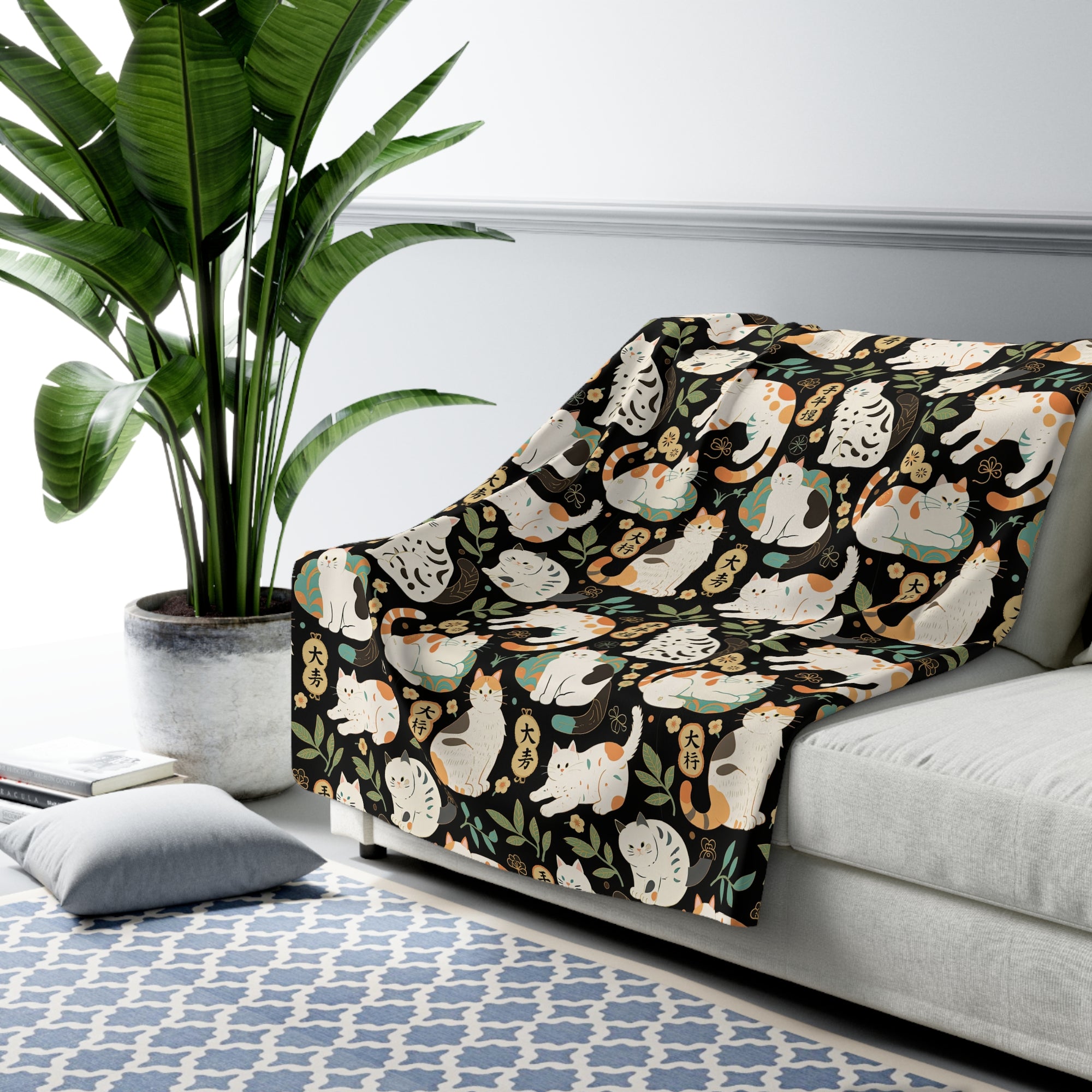 Sherpa Blanket - Traditional Japanese Maneki-Neko Cats and Auspicious Symbols Grace a Dark Background in this Fortunate Pattern