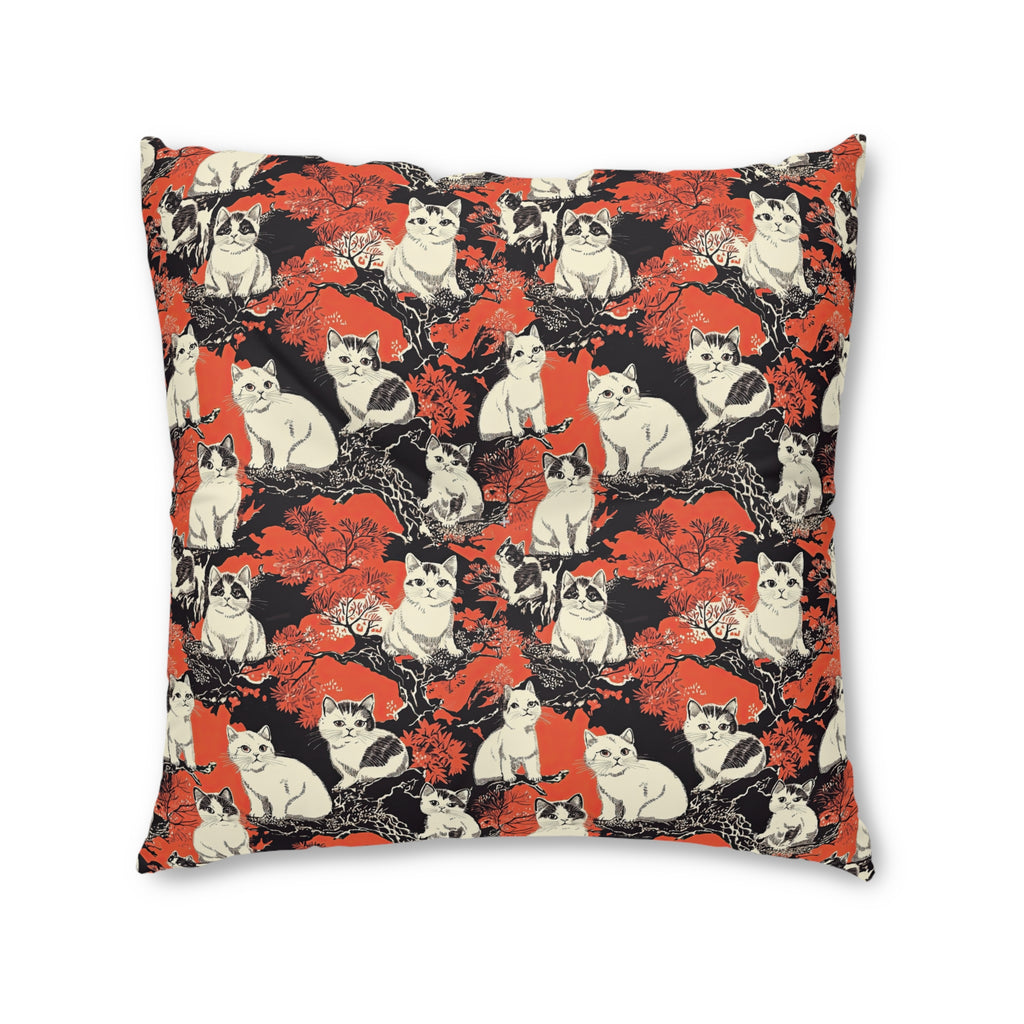 Indoor Square Floor Pillow - A striking black-and-white illustration with red accents of charming cats perched on the branches of trees in a beautiful Japanese woodblock print style.