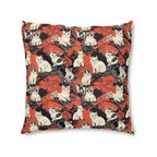 Indoor Square Floor Pillow - A striking black-and-white illustration with red accents of charming cats perched on the branches of trees in a beautiful Japanese woodblock print style.