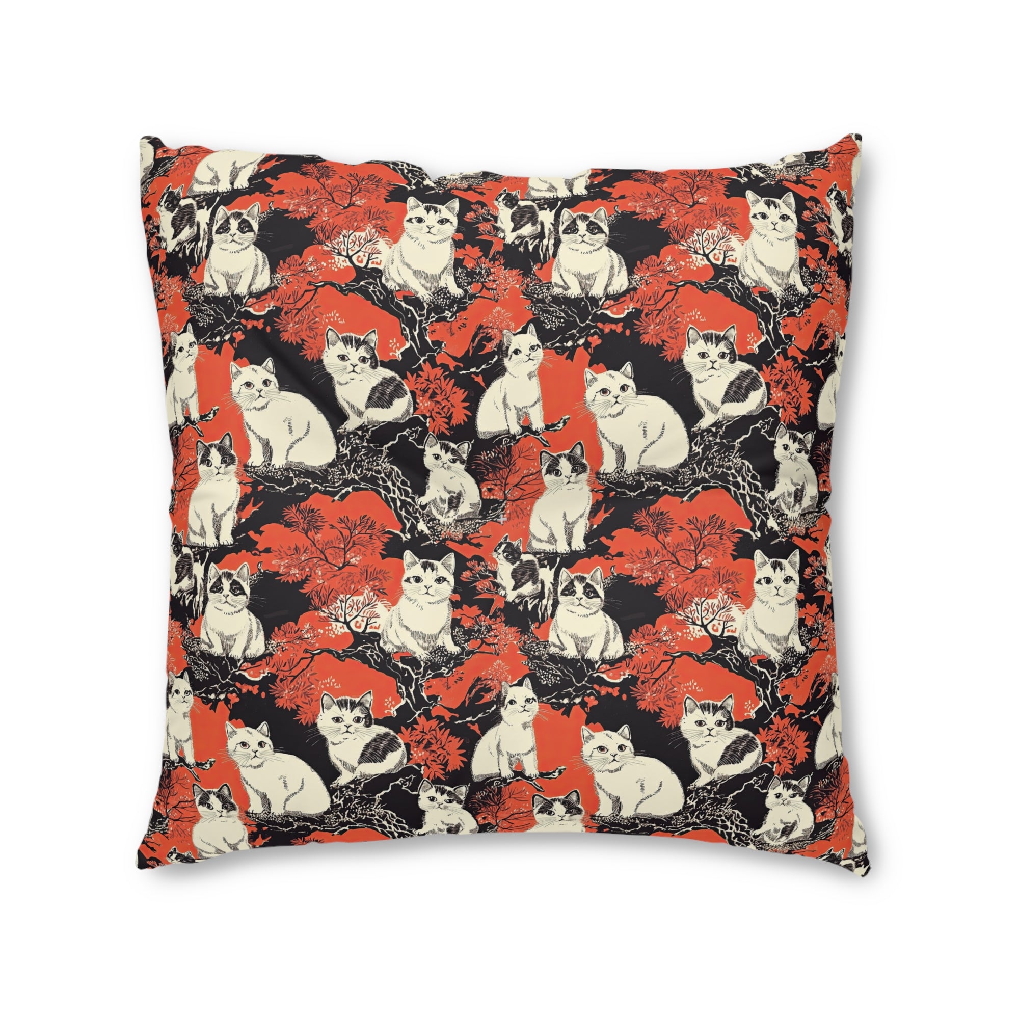Indoor Square Floor Pillow - A striking black-and-white illustration with red accents of charming cats perched on the branches of trees in a beautiful Japanese woodblock print style.