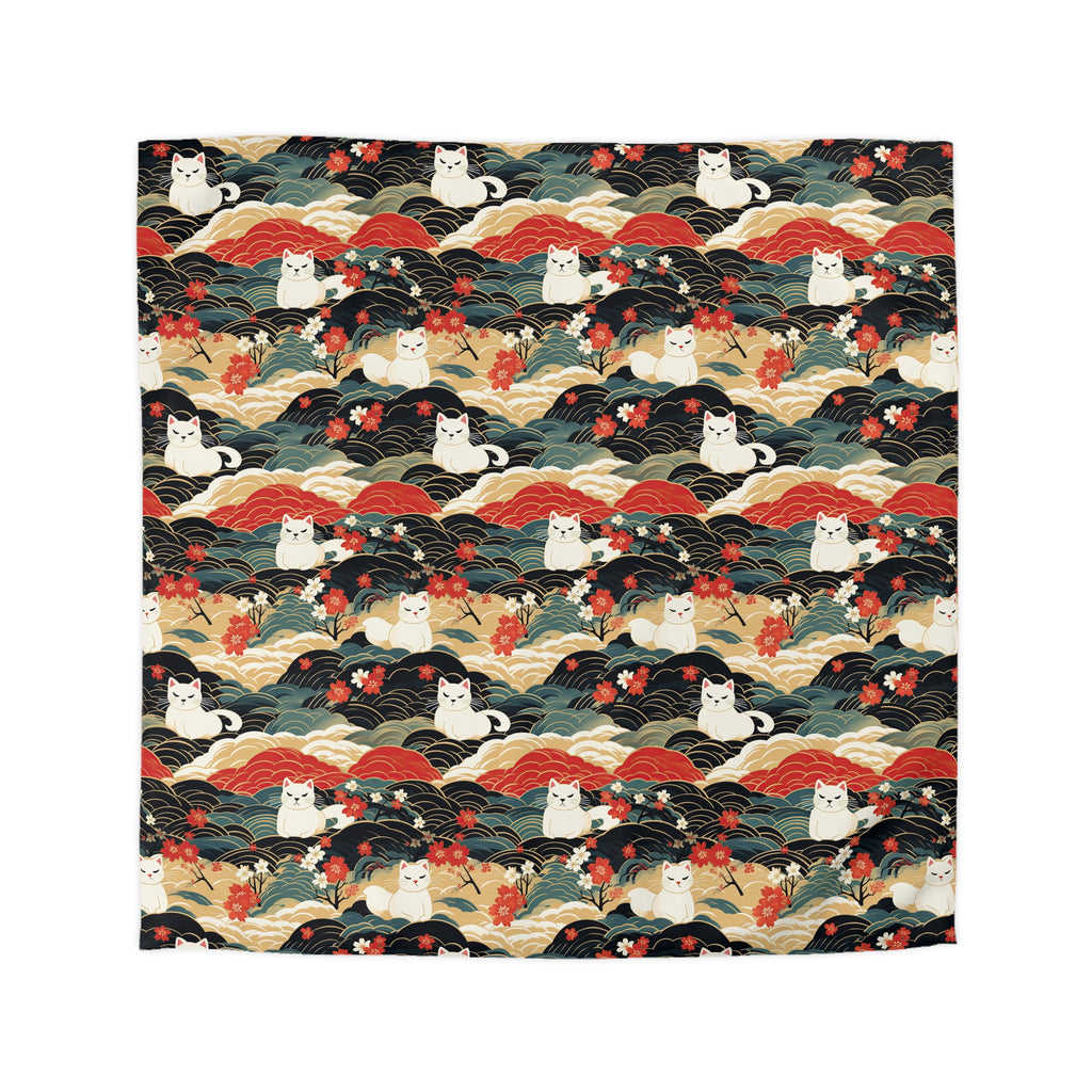 Duvet Cover - A beautiful, Japanese-inspired illustration of tranquil white cats resting on rolling clouds with vibrant red and white cherry blossoms.