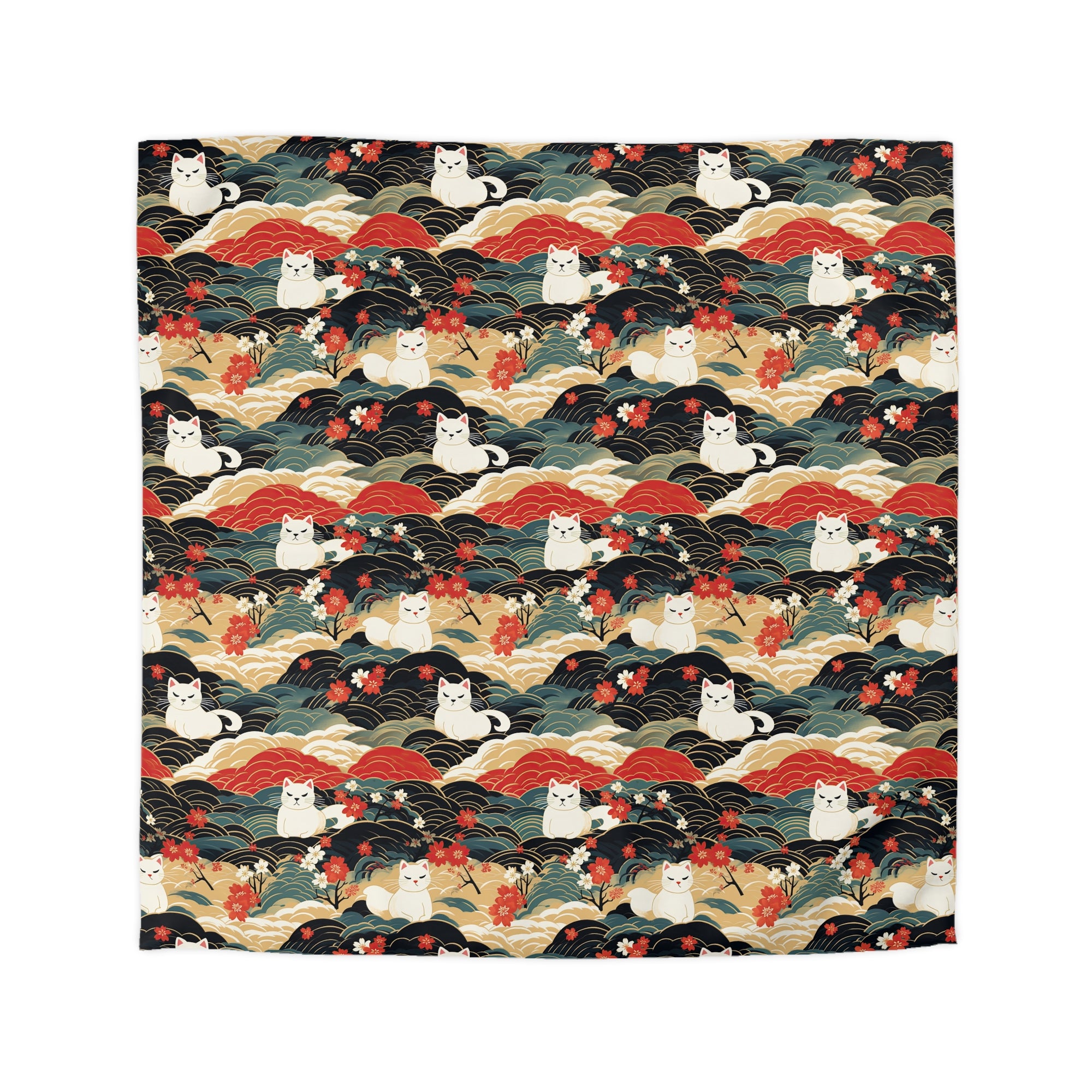 Duvet Cover - A beautiful, Japanese-inspired illustration of tranquil white cats resting on rolling clouds with vibrant red and white cherry blossoms.
