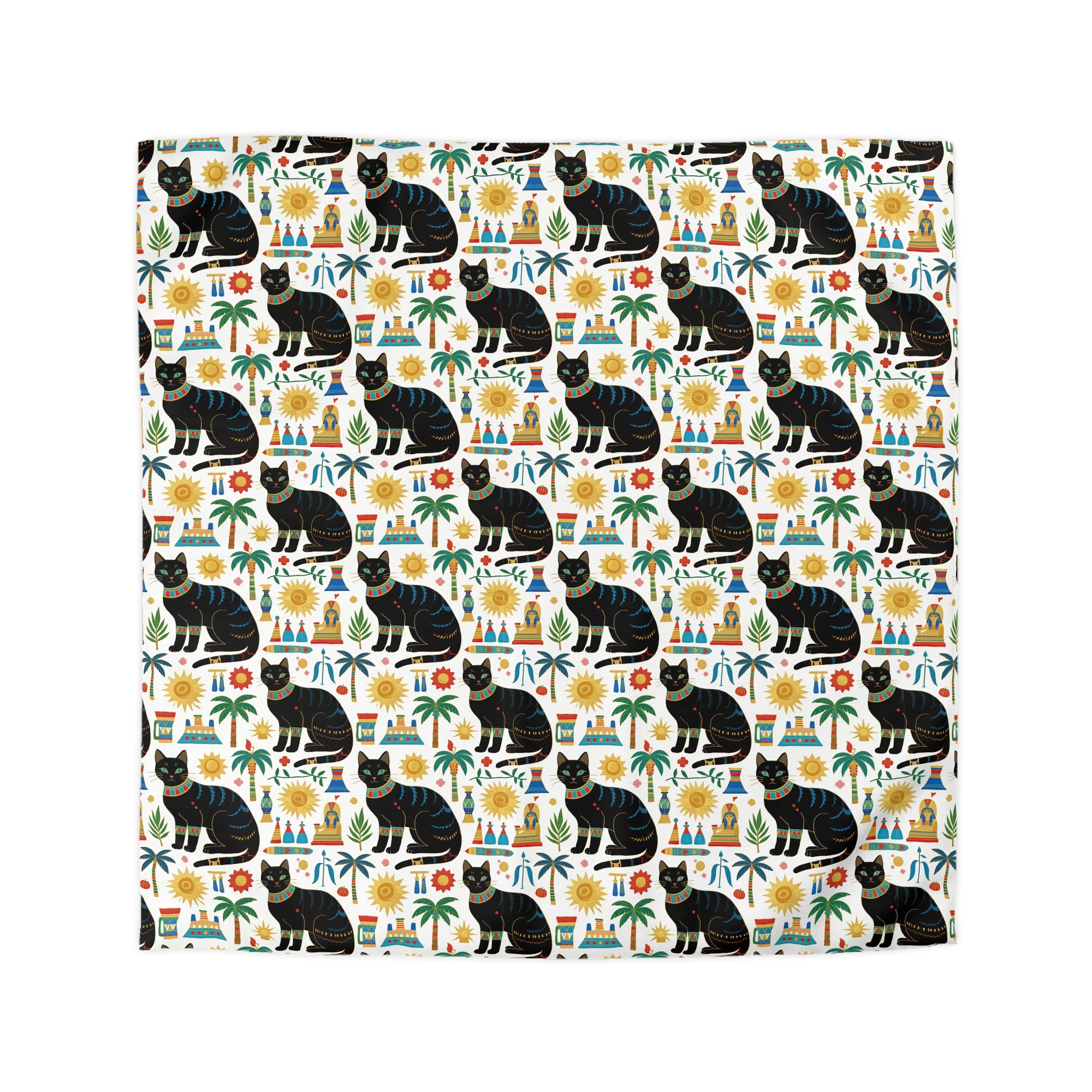 Duvet Cover - Majestic Black Egyptian Cats with Vibrant Adornments and Desert Motifs Create a Striking and Culturally Rich Design
