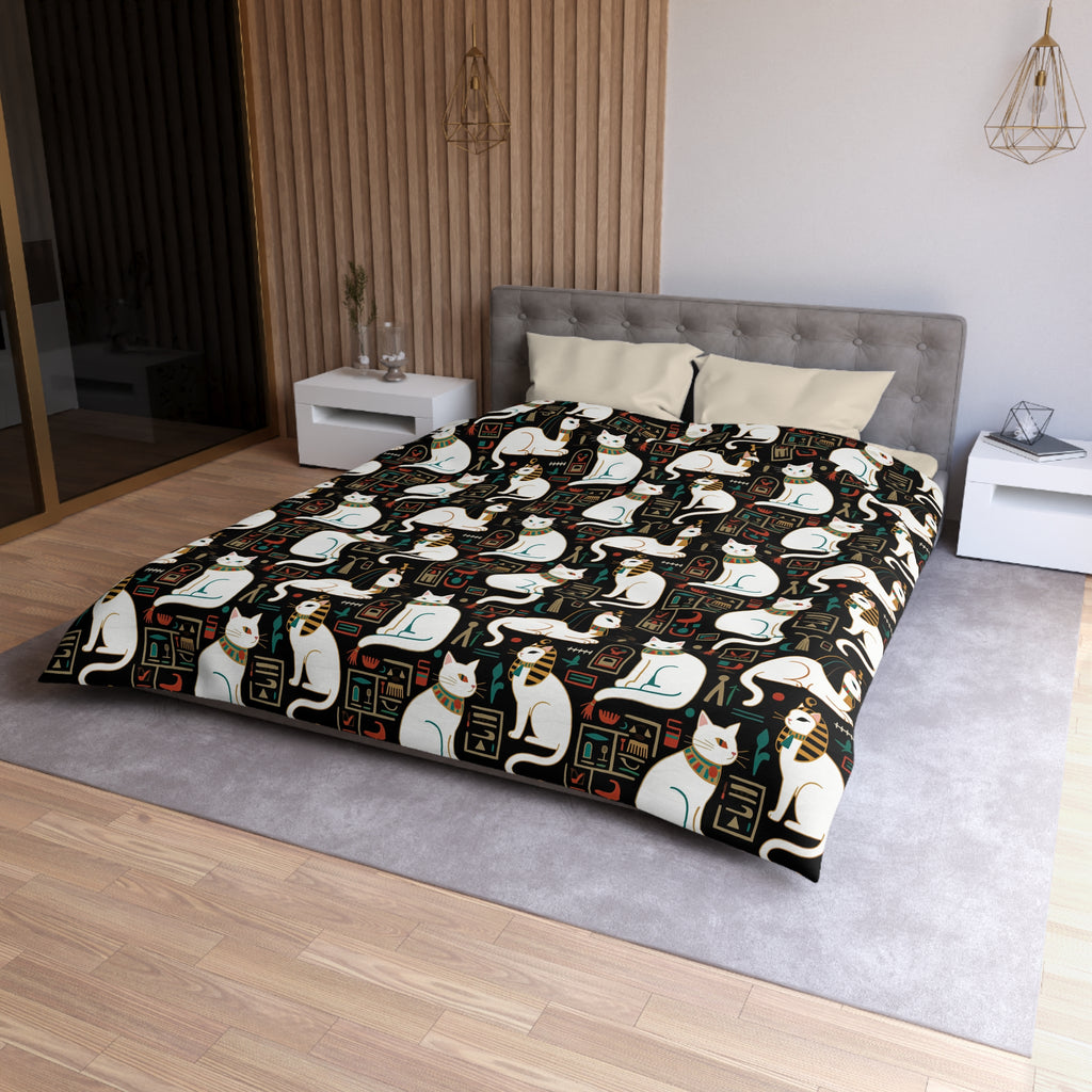 Duvet Cover - Regal White Egyptian Cats with Ornate Collars and Ancient Symbols Adorn this Historically Inspired and Mystical Pattern