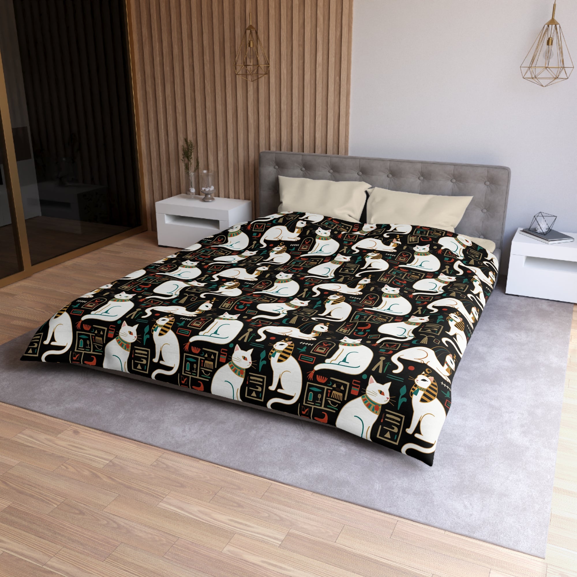 Duvet Cover - Regal White Egyptian Cats with Ornate Collars and Ancient Symbols Adorn this Historically Inspired and Mystical Pattern