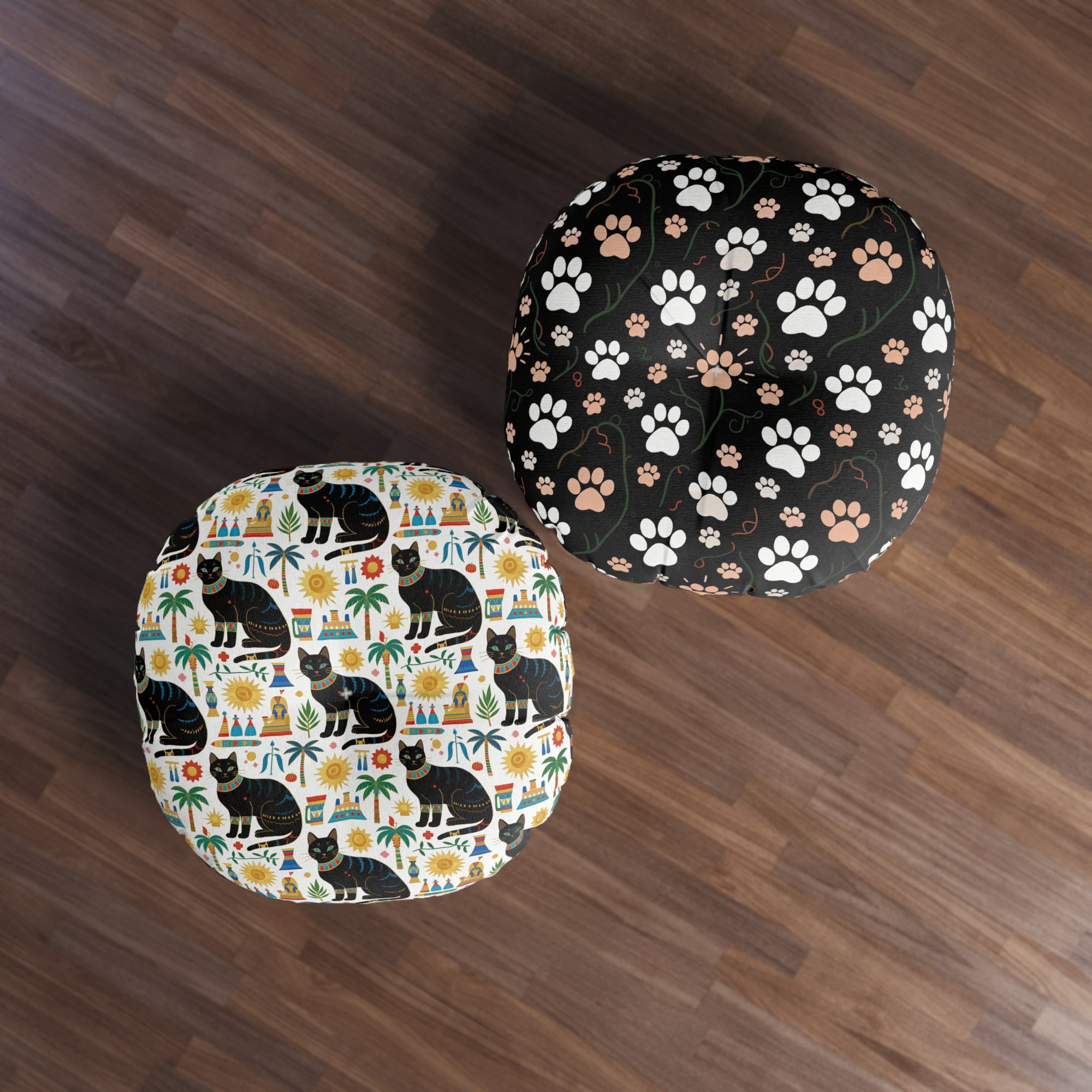 Indoor Round Floor Pillow - Majestic Black Egyptian Cats with Vibrant Adornments and Desert Motifs Create a Striking and Culturally Rich Design