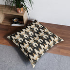 Indoor Square Floor Pillow - An elegant and artistic Art Deco-style pattern featuring streamlined white cats with a striking geometric backdrop of golden and black lines and shapes.